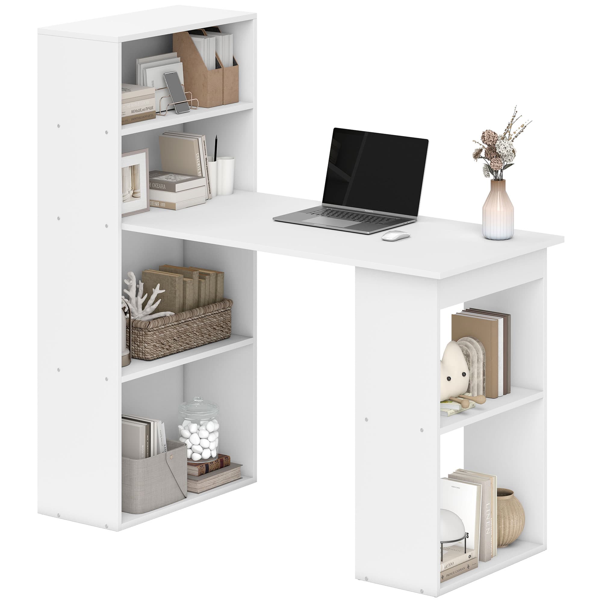 HOMCOM Bureau Informatique 120L x 55l x 120H cm bibliothèque adjacente Multi-rangements Blanc