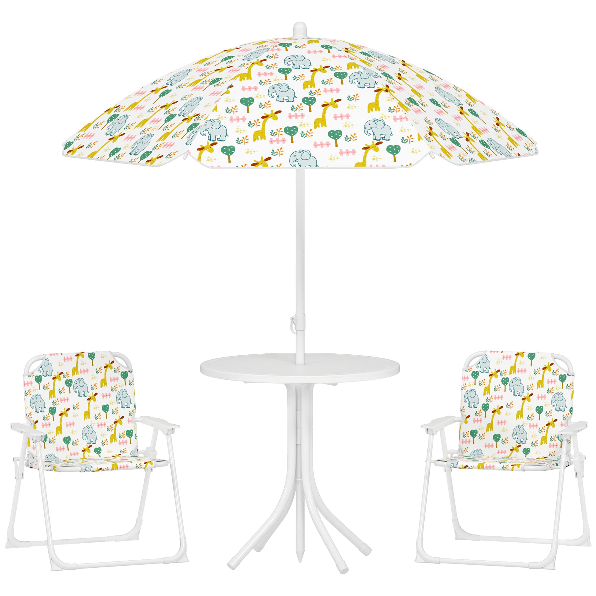 AIYAPLAY Ensemble salon de jardin extérieur enfant 4 pièces, motif éléphant et girafe, parasol réglable Ø 100 cm, chaise pliable