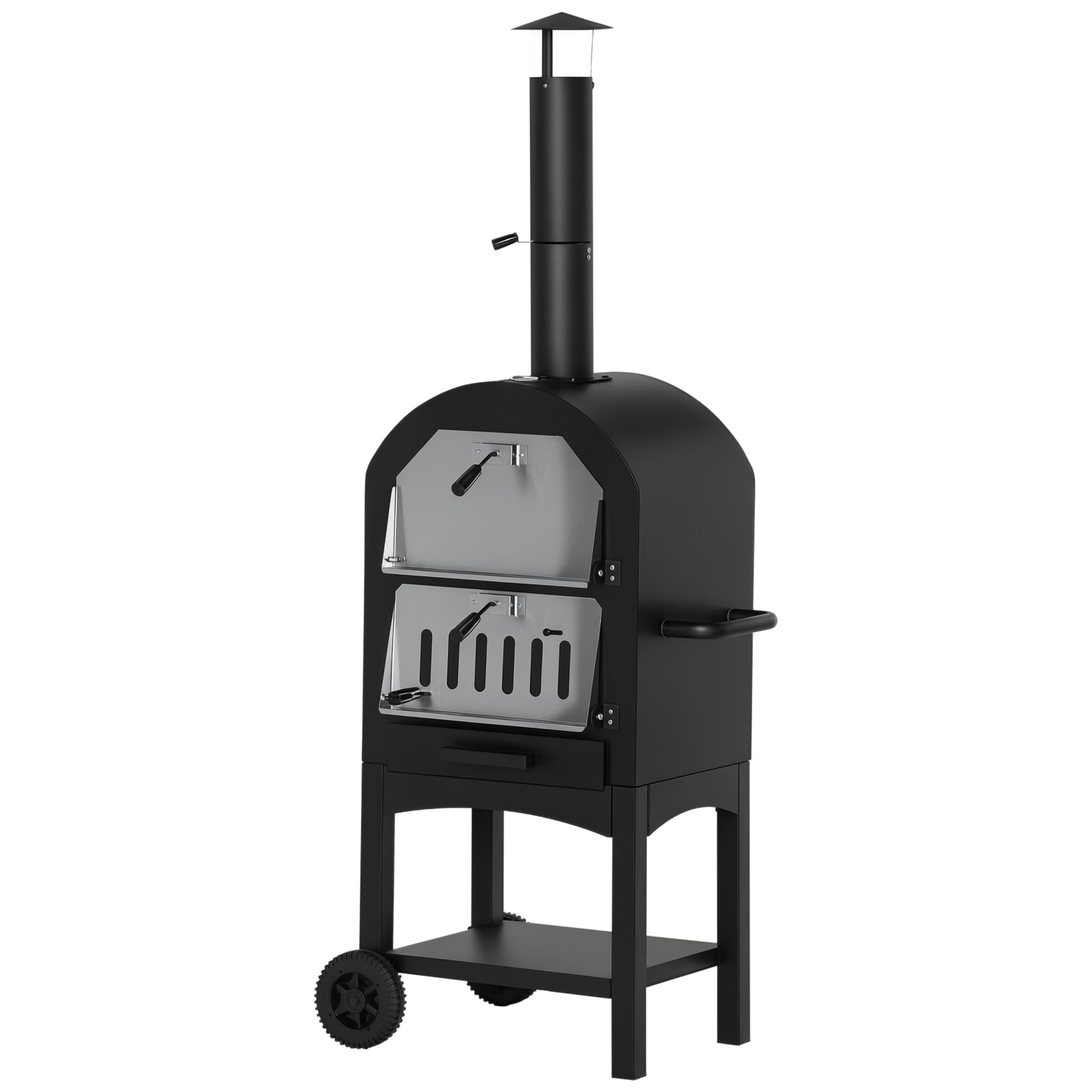Outsunny Four à Pizza extérieur au Charbon de Bois - Barbecue sur roulettes Pierre réfractaire cheminée, jauge température Noir Gris