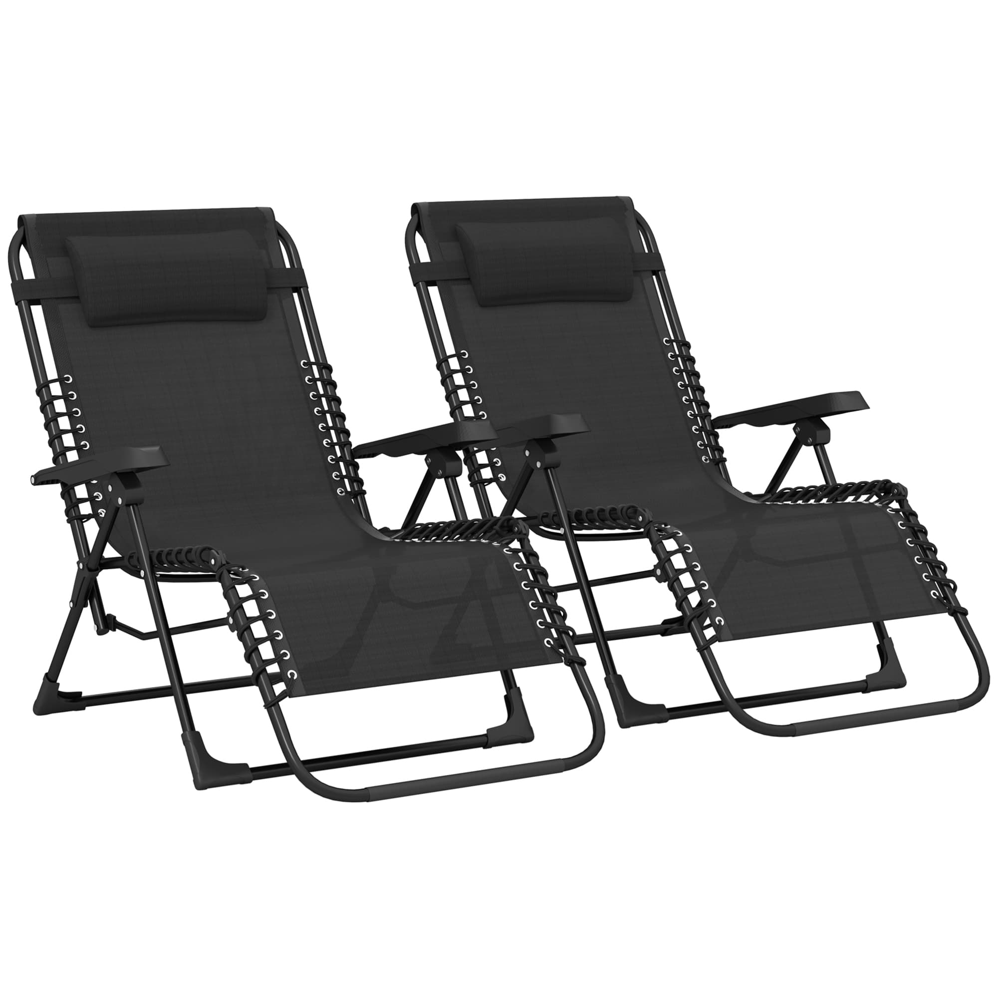 Outsunny Lot de 2 bain de soleil, chaise longue pliante inclinable avec appuie-tête en textilène, 90 x 65 x 112 cm, noir