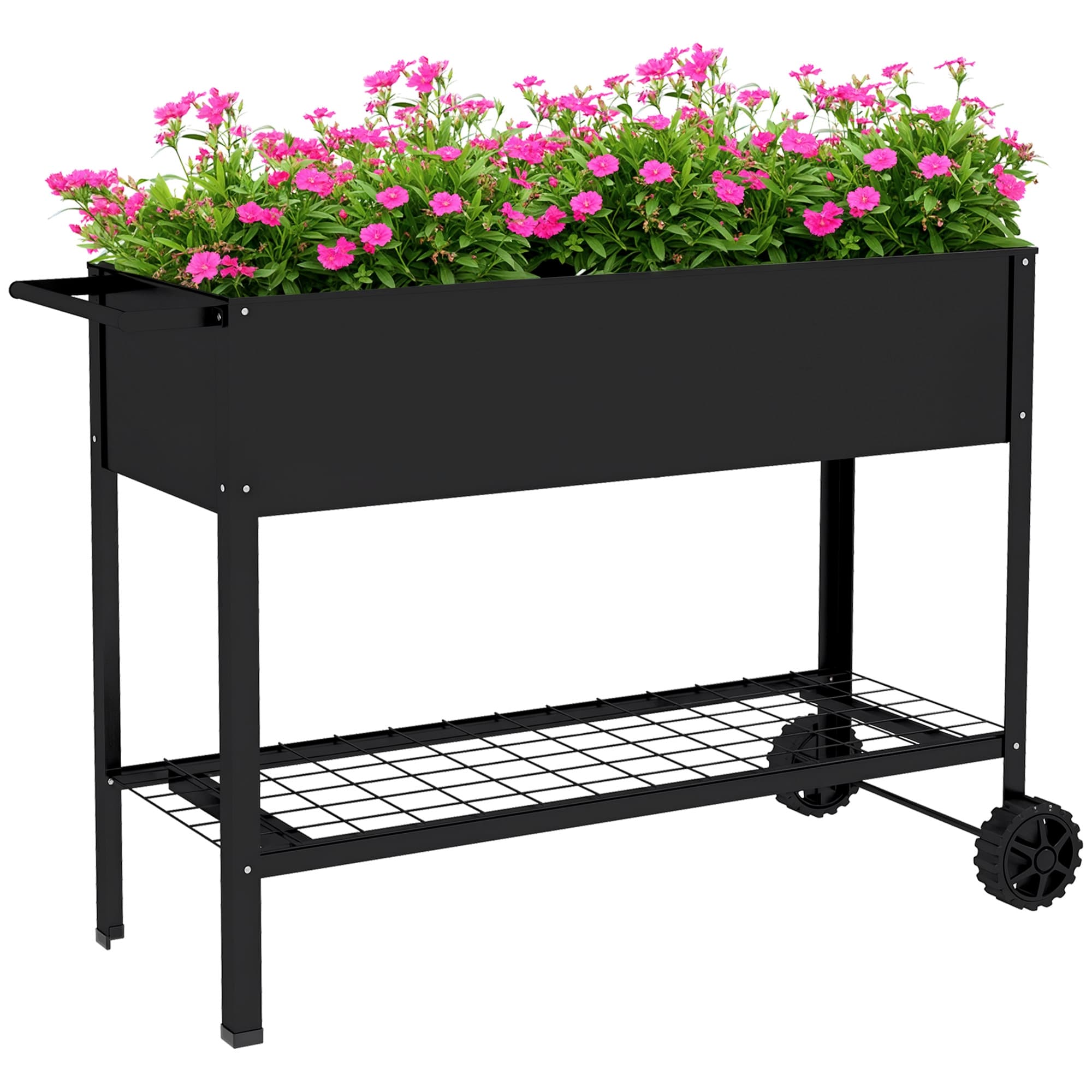 Outsunny Jardinière sur pieds potager dim. 104L x 39l x 80H cm étagère 2 roues + insert d'irrigation métal noir-AOSOM.fr