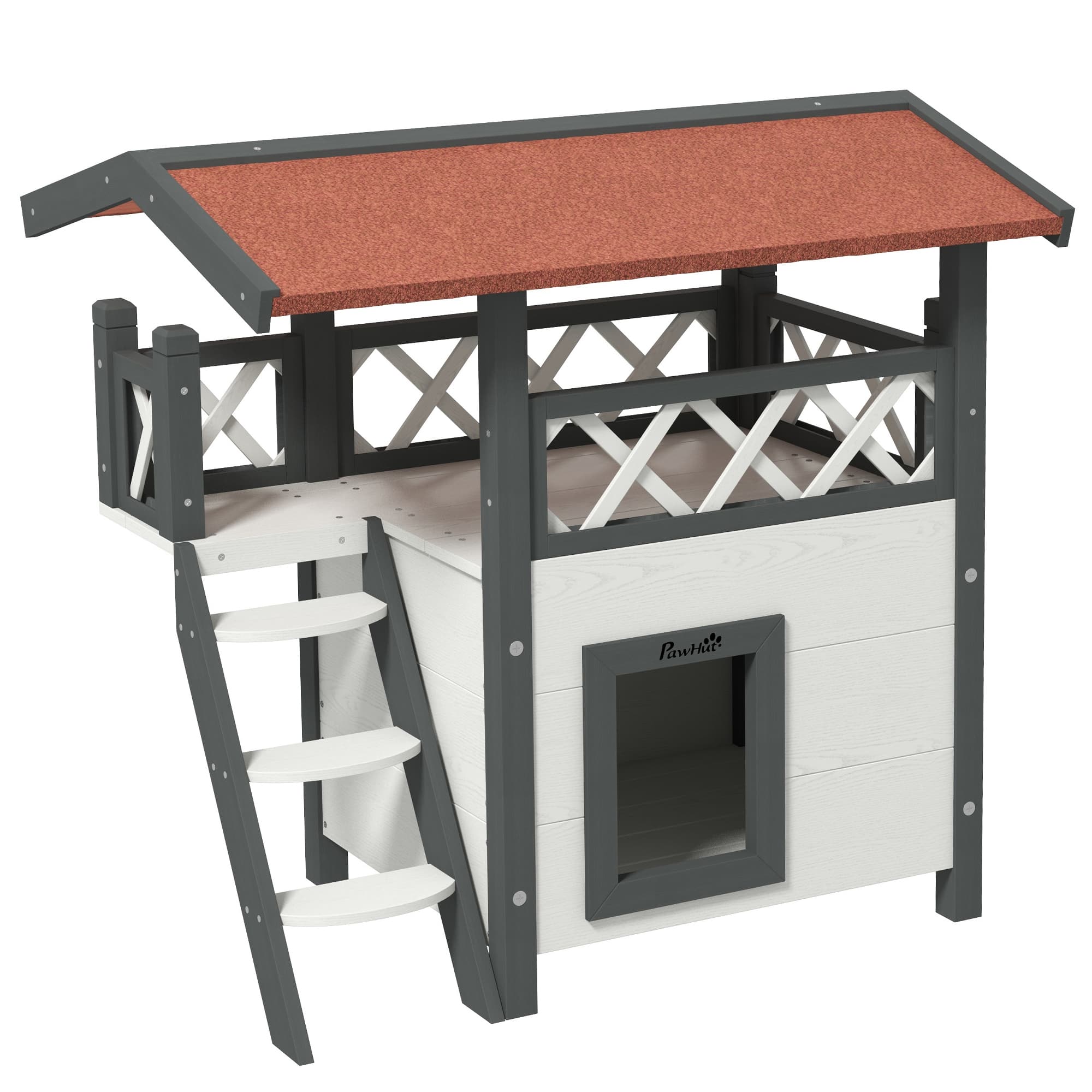 PawHut Maison lodge pour chats sauvage errants avec terrasse escalier 77 x 50 x 73 cm blanc et rouge