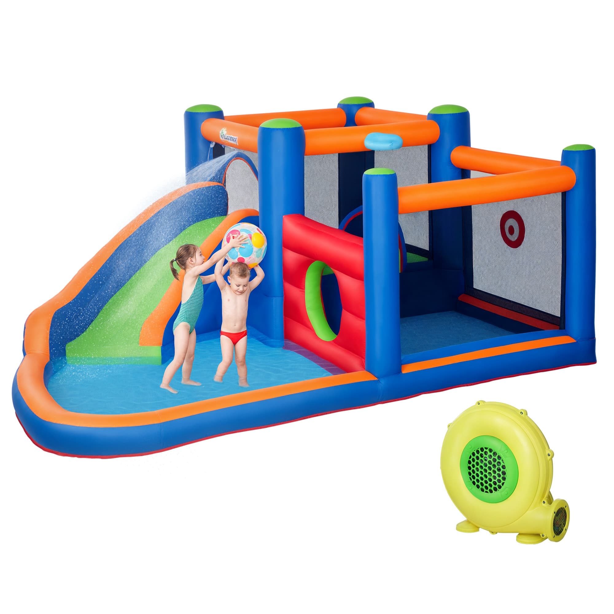 Outsunny Château gonflable aire de jeux avec toboggan trampoline piscines + 3-8 ans avec gonfleur dim. 380L x 340l x 170H cm multicolore