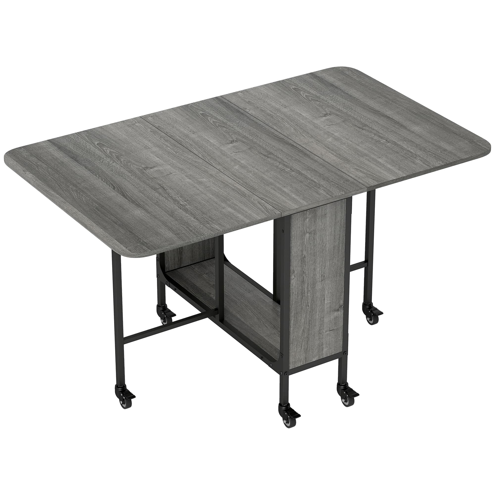 HOMCOM Table pliante de cuisine extensible salle à manger sur roulettes jusqu'à 6 personnes étagère intégrée, 6 roues, Gris