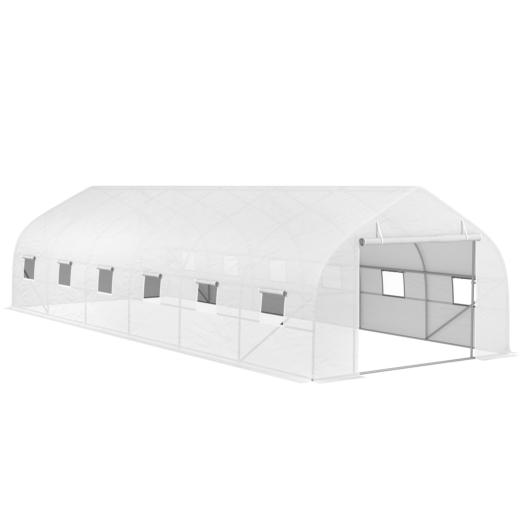 Outsunny Serre de jardin tunnel grande taille avec bâche PE cadre en acier porte enroulable et 12 fenêtres 8 x 3 x 2 m blanc