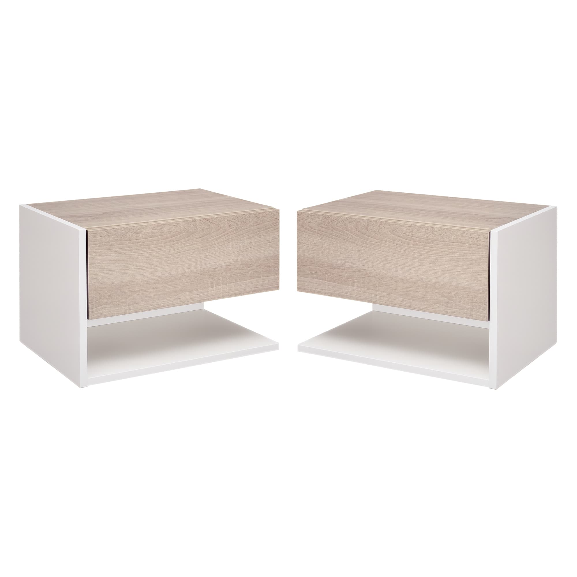 HOMCOM Ensemble de 2 table de chevet murale avec tiroir et étagère style élégant et moderne en panneau de particules 46 x 30 x 30 cm chêne et blanc