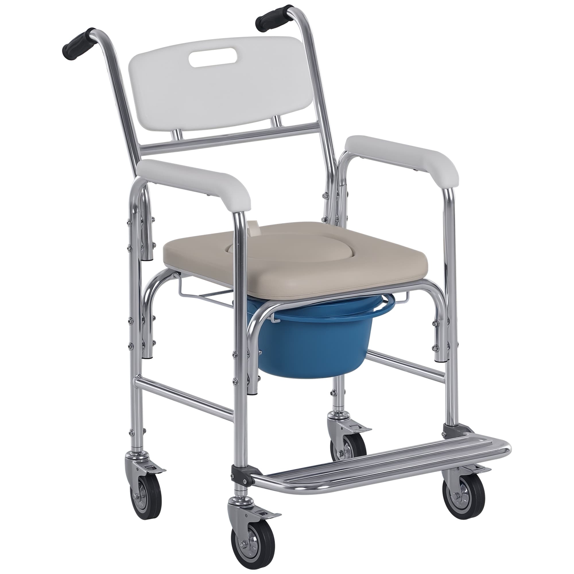 HOMCOM Chaise percée à roulettes - fauteuil roulant percé - chaise de douche - seau amovible, accoudoirs, repose-pied - acier chromé HDPE blanc