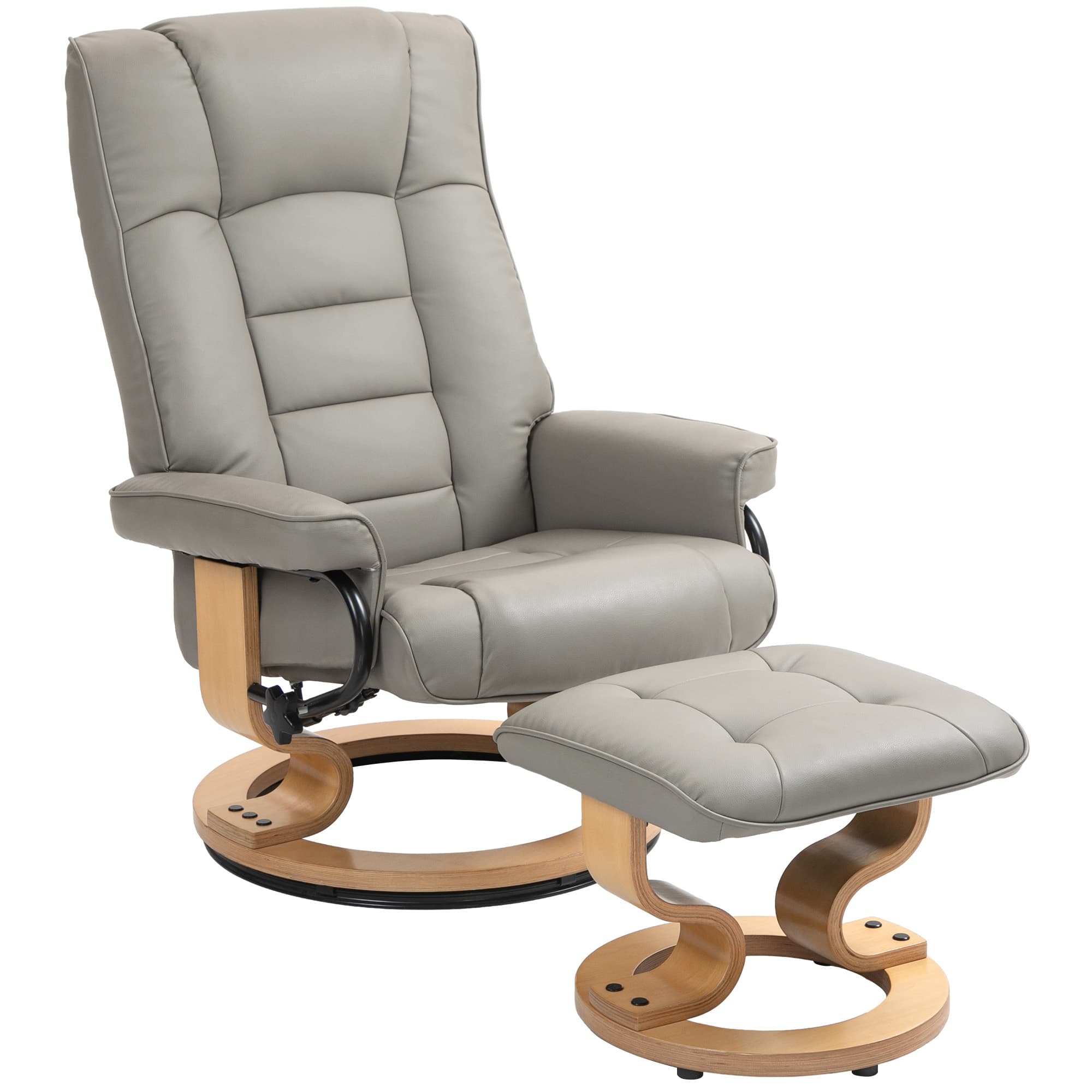HOMCOM Fauteuil de relaxation inclinable avec repose-pied, pivotant, cadre en bois , revêtement synthétique gris