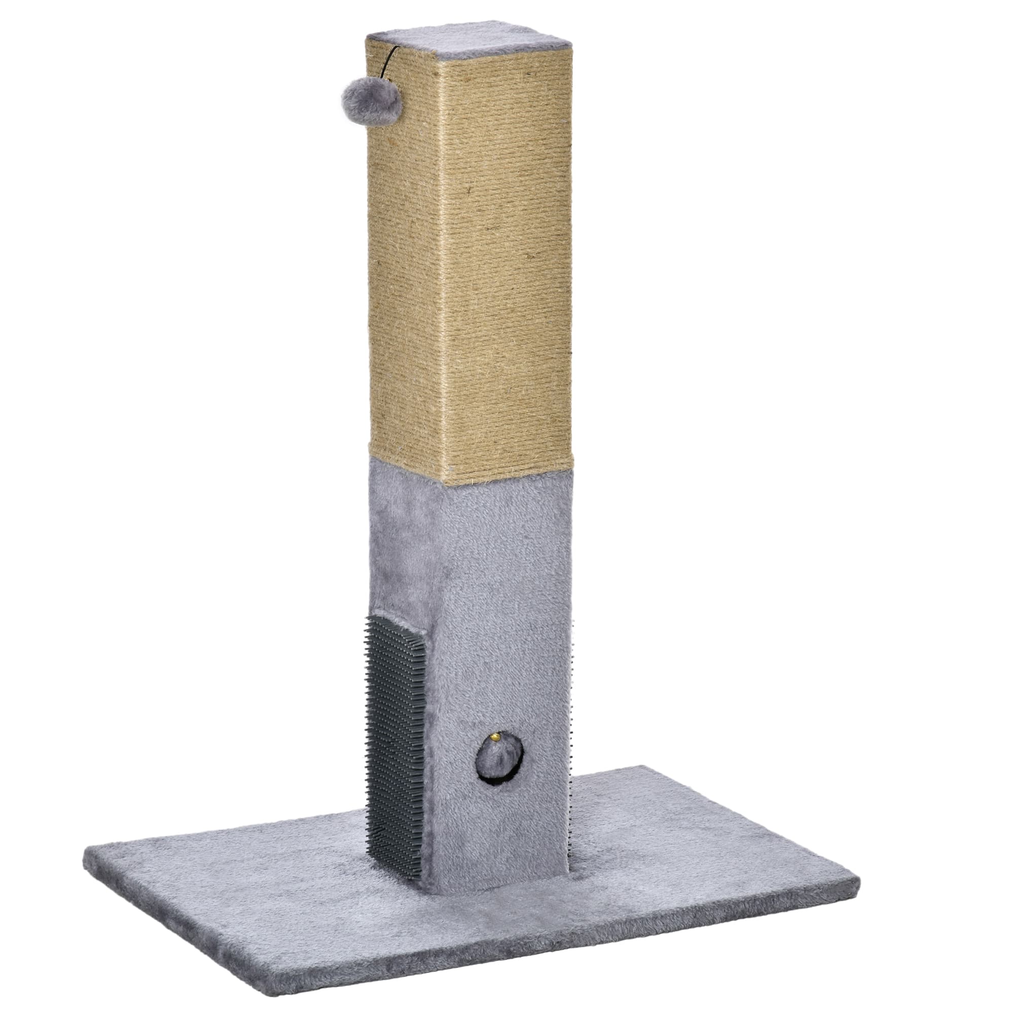 PawHut Poteau à gratter pour chat griffoir pour chat balle avec clochette 2 brosses de toilettage 59,5 x 39 x 79 cm beige gris