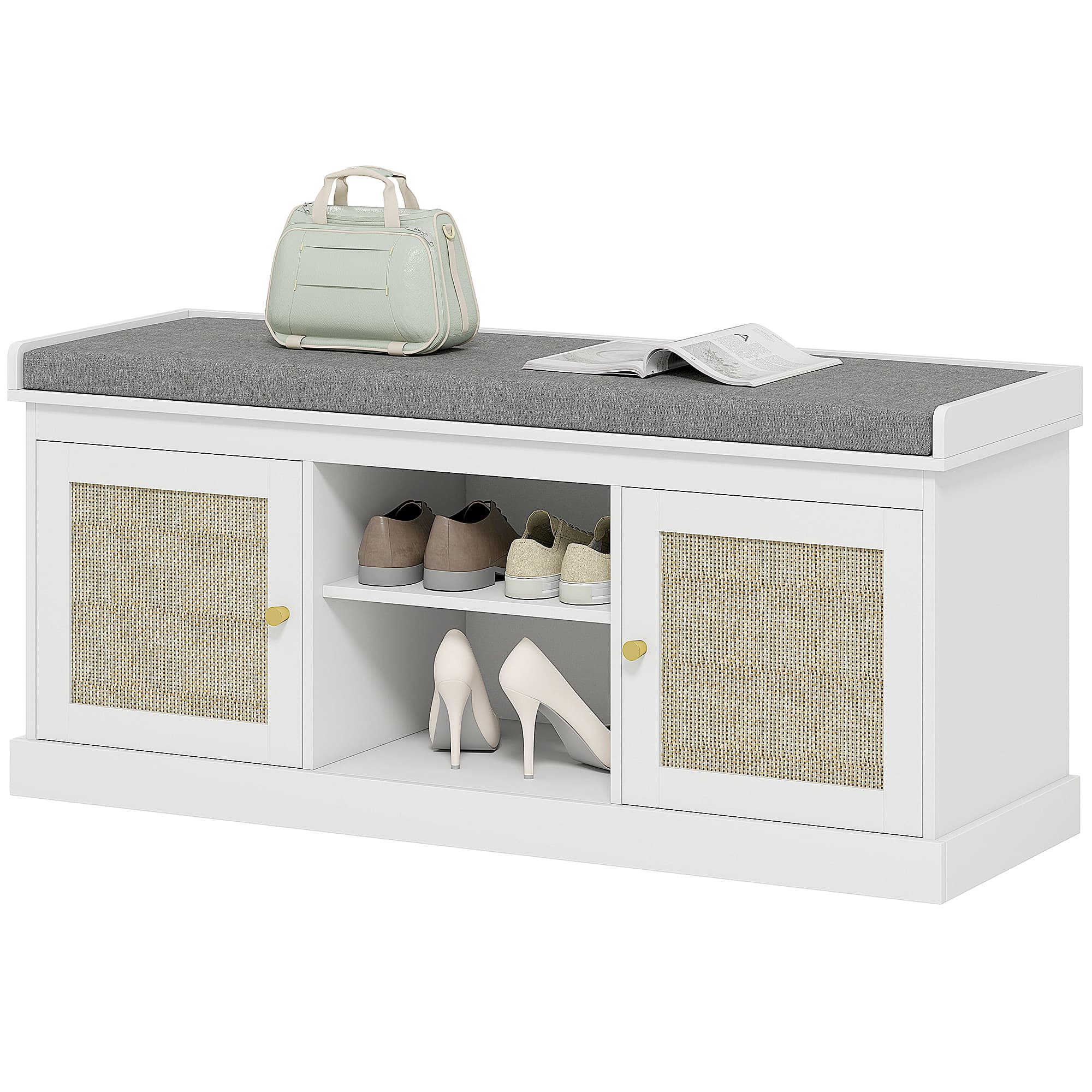 HOMCOM Banc à Chaussures avec Portes en Rotin Étagères Ajustables et Ouvertes pour Entrée Chambre 105x35x47 cm Blanc