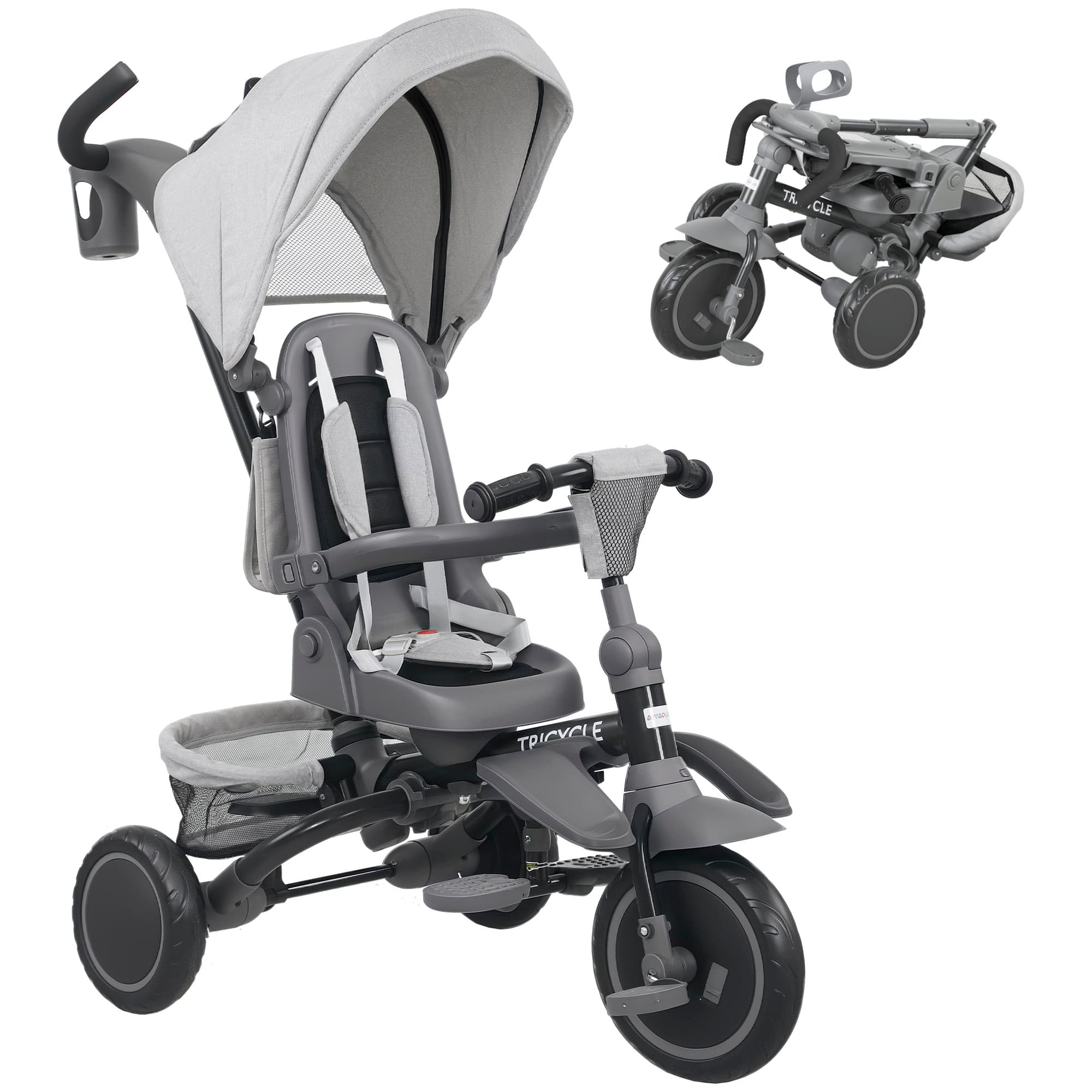 AIYAPLAY Tricycle bébé évolutif 6 en 1, tricycle enfant pliable avec poignée parentale réglable, siège pivotant 360°, gris