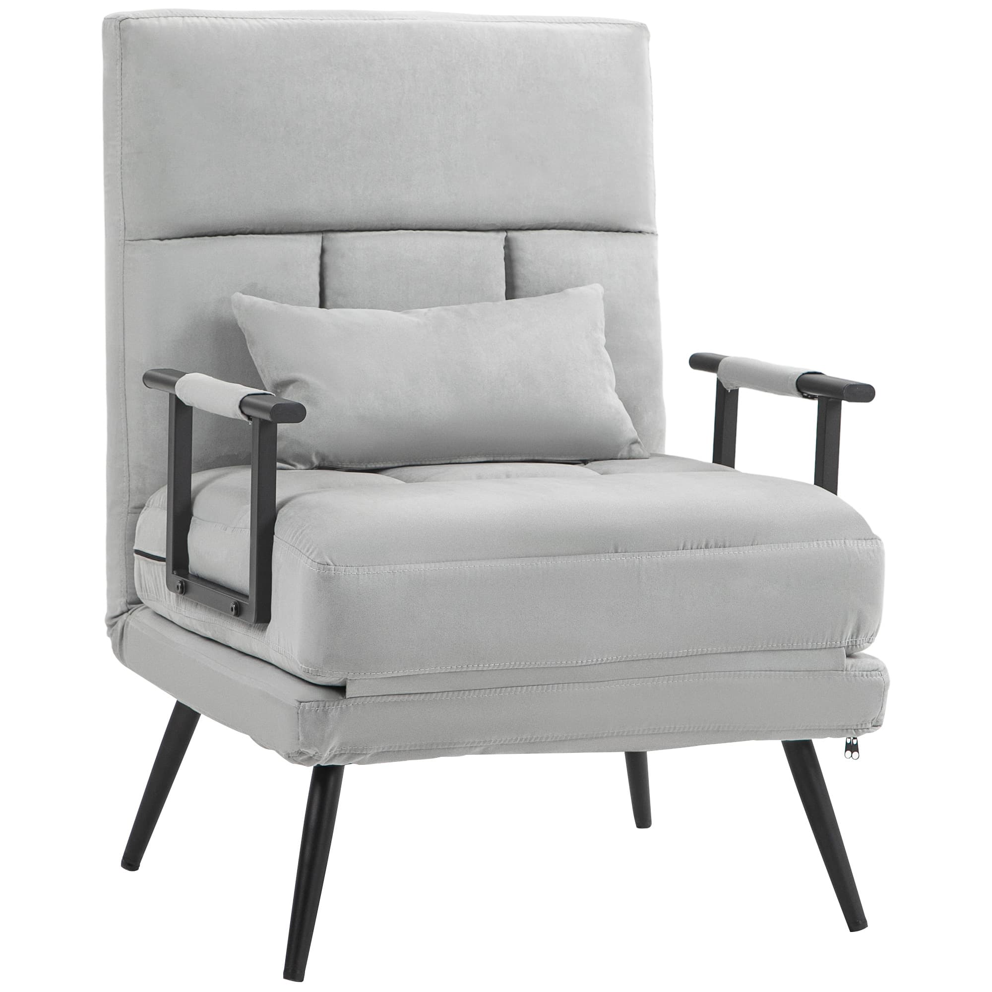 HOMCOM Fauteuil convertible 3 en 1 lit 1 place dossier inclinable 5 positions, accoudoirs et coussin, tissu effet velours, gris