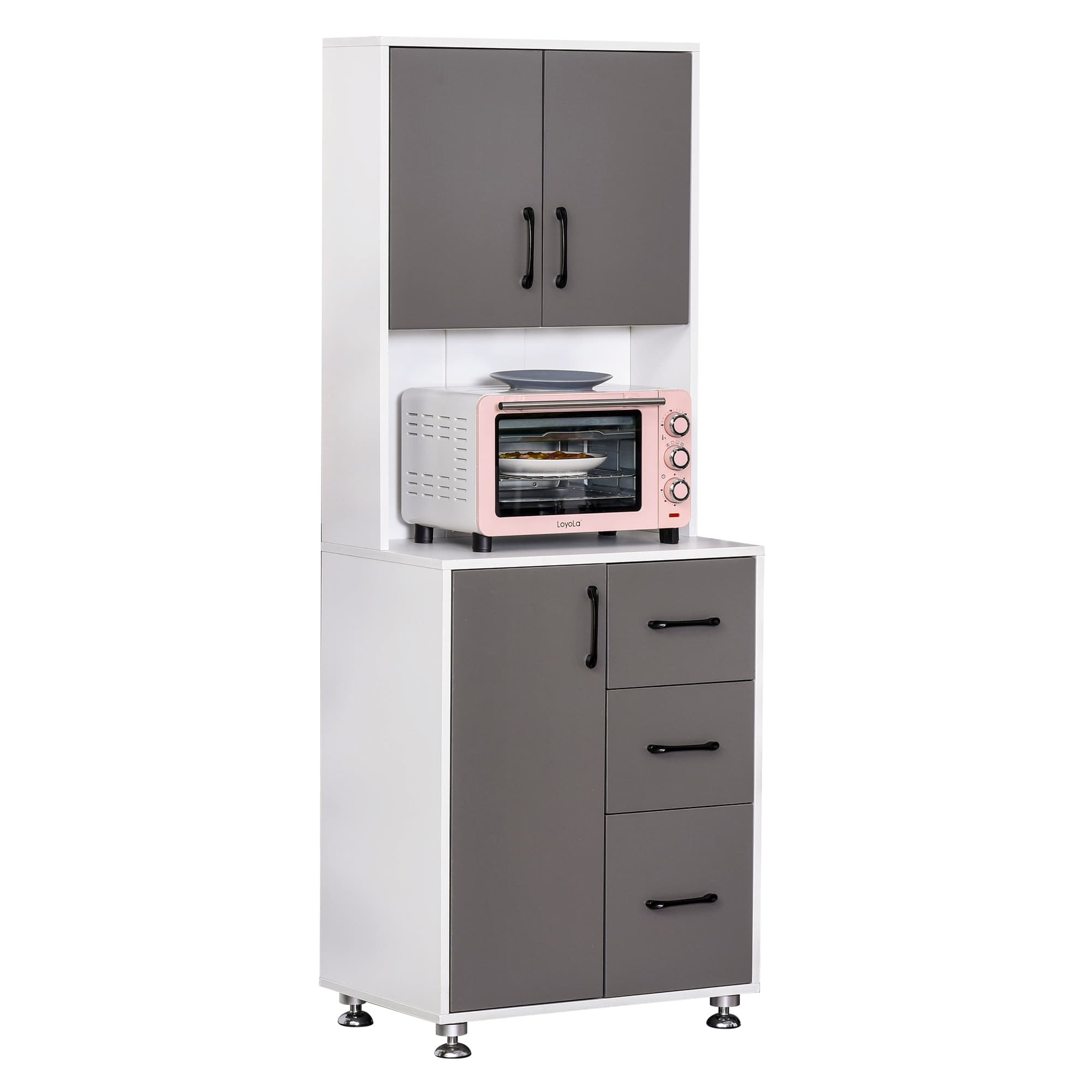 HOMCOM Armoire de cuisine multi-rangements 2 + 1 porte 3 tiroirs + grand plateau dim. 60L x 40l x 150H cm bicolore gris blanc