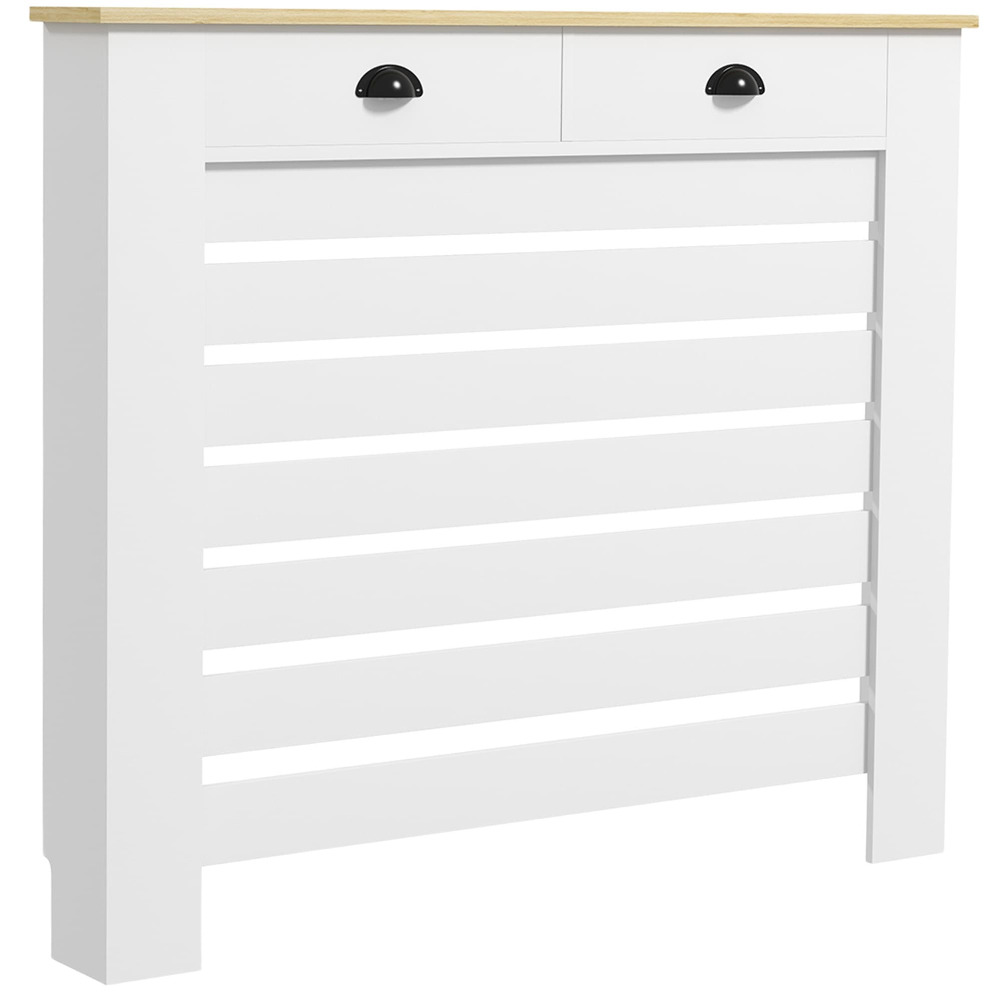 HOMCOM Couvercle de radiateur cache radiateur grille à lattes horizontales avec 2 tiroirs en bois 111l x 19P x 95,5H cm blanc