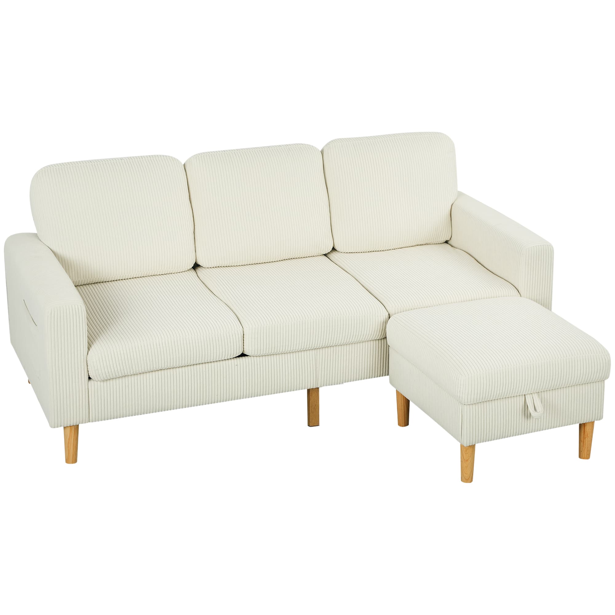 HOMCOM Canapé 3 places avec repose-pieds, canapé en velours côtelé, assise et dossier rembourrés, 192x138x85cm, beige