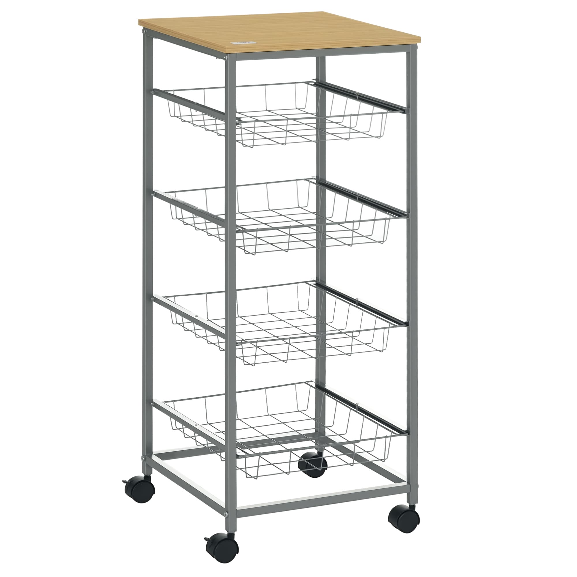 HOMCOM Desserte cuisine chariot à roulettes multi-rangements 4 paniers étagères métallique coulissants acier MDF chêne clair Aosom France