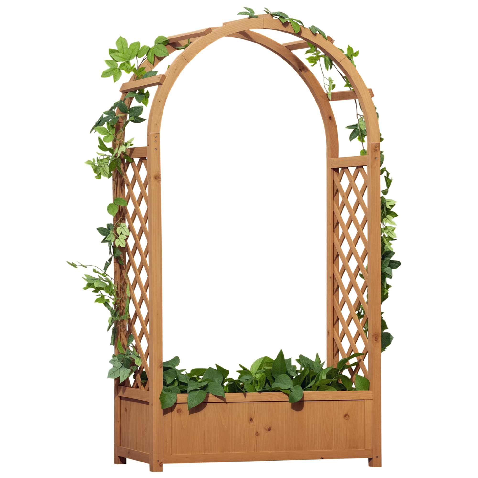Outsunny Jardinière rectangulaire sur pied avec treillis et arche 83 x 36 x 152 cm fond à lattes bois sapin pré-huilé Aosom France