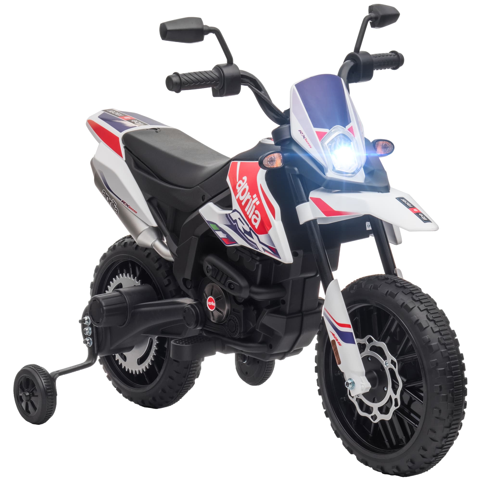 AIYAPLAY Moto électrique enfants sous licence Aprilia avec 2 moteurs 12V, roues d'entraînement, lumière LED, musique - blanc
