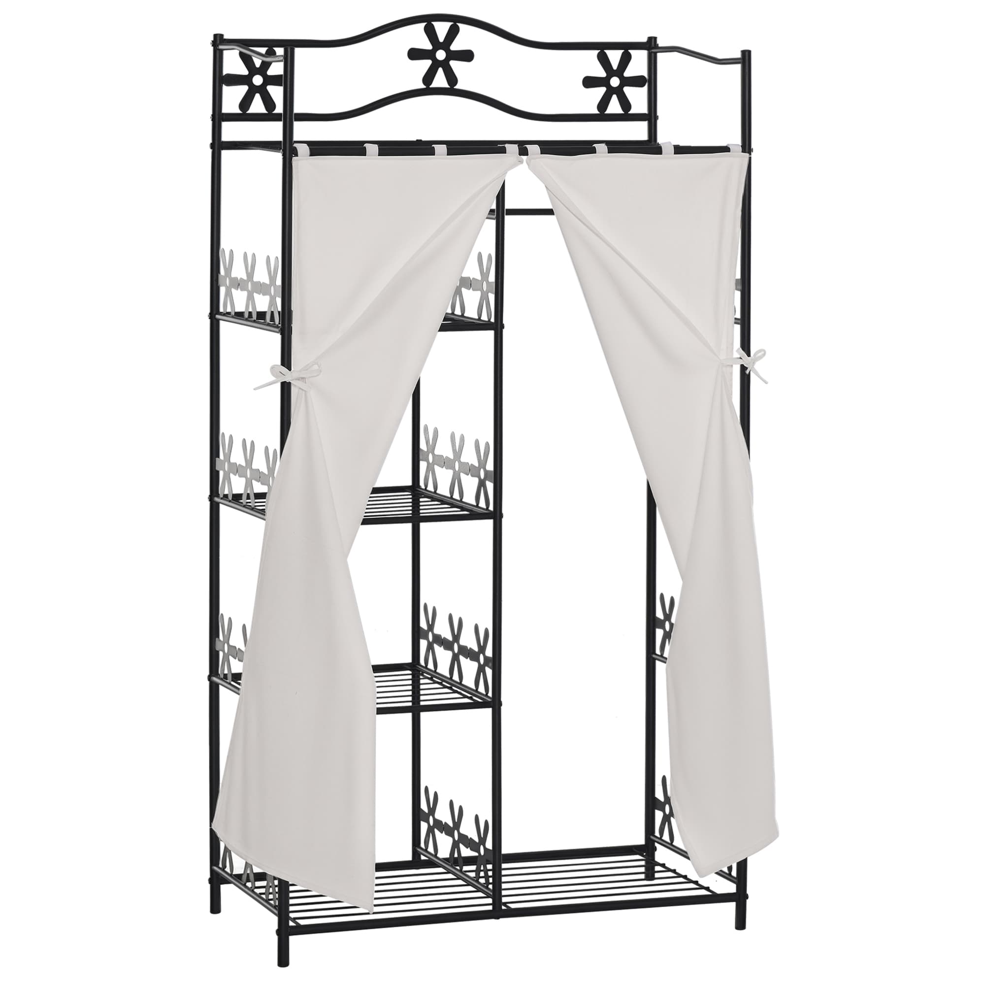 HOMCOM Armoire penderie multi rangements 5 étagères 84L x 42l x 158,5H cm métal noir motif fleurs 2 rideaux blanc