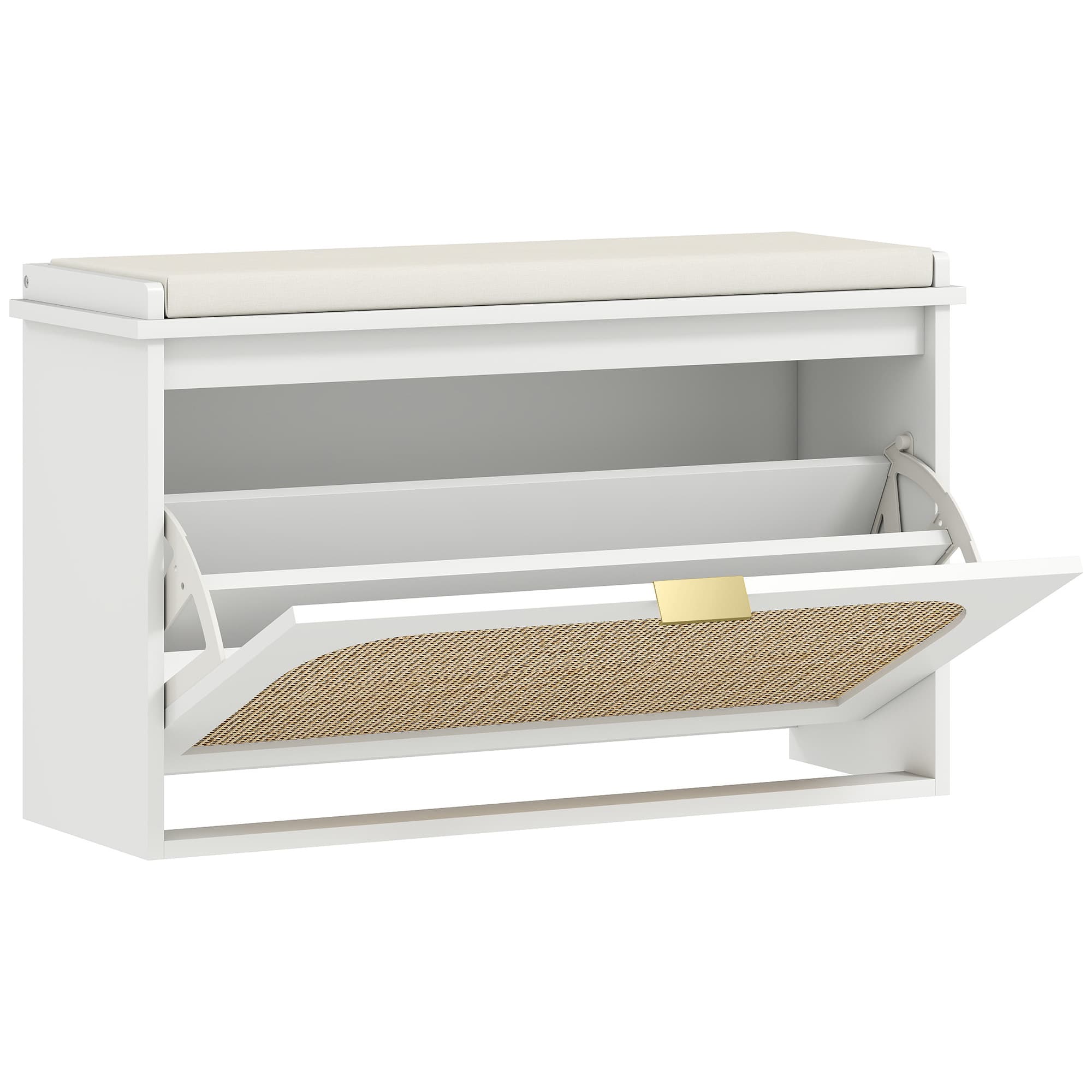 HOMCOM Banc à chaussures, banc de rangement, assise rembourrée, tiroir rabattable, porte en rotin, 80 x 26 x 47,5 cm, blanc