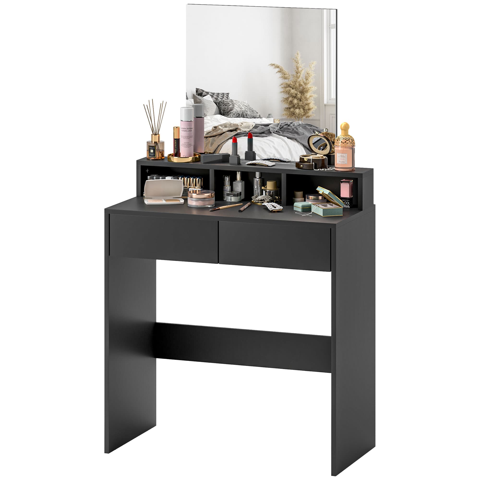 HOMCOM Coiffeuse avec Miroir 2 Tiroirs 3 Compartiments Table de Maquillage pour Chambre 75x38x135 cm Noir