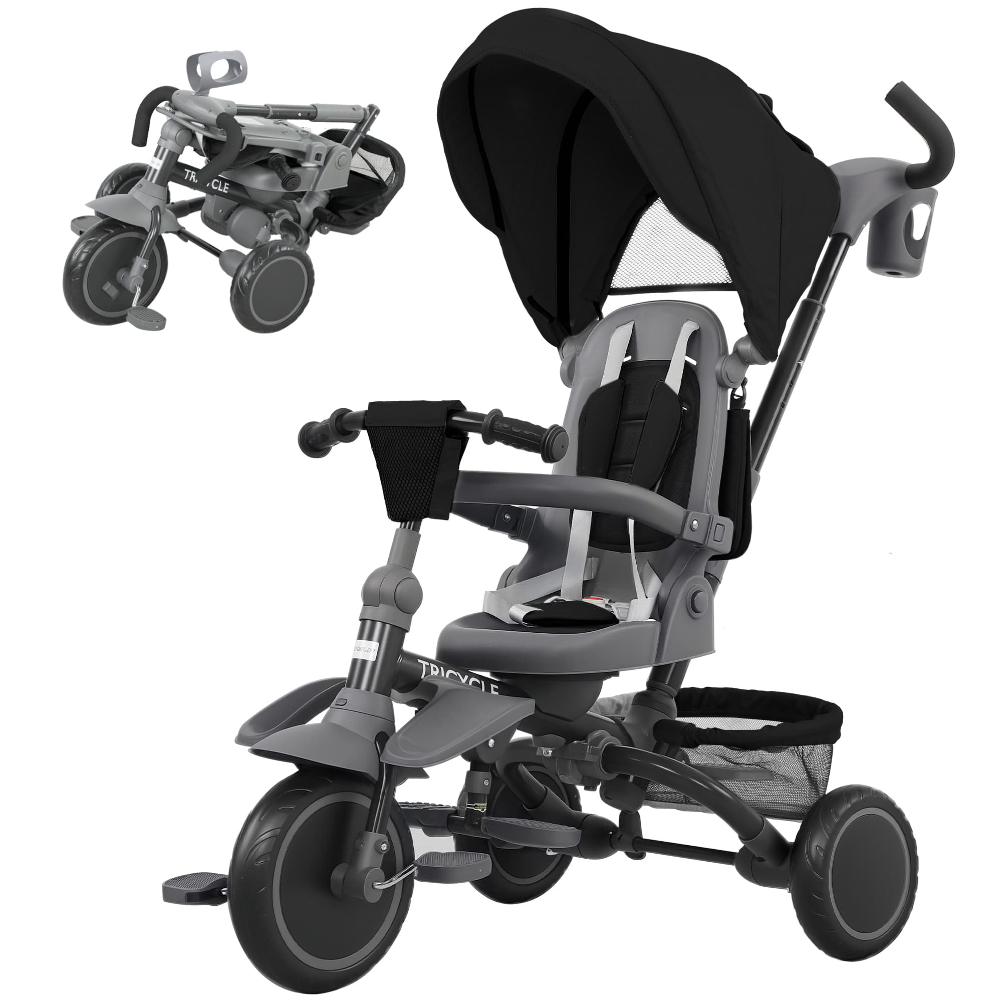 AIYAPLAY Tricycle pour Enfants 6 en 1 avec Poignée de Poussée et Siège Pivotant, 111,5x52x98 cm, Noir