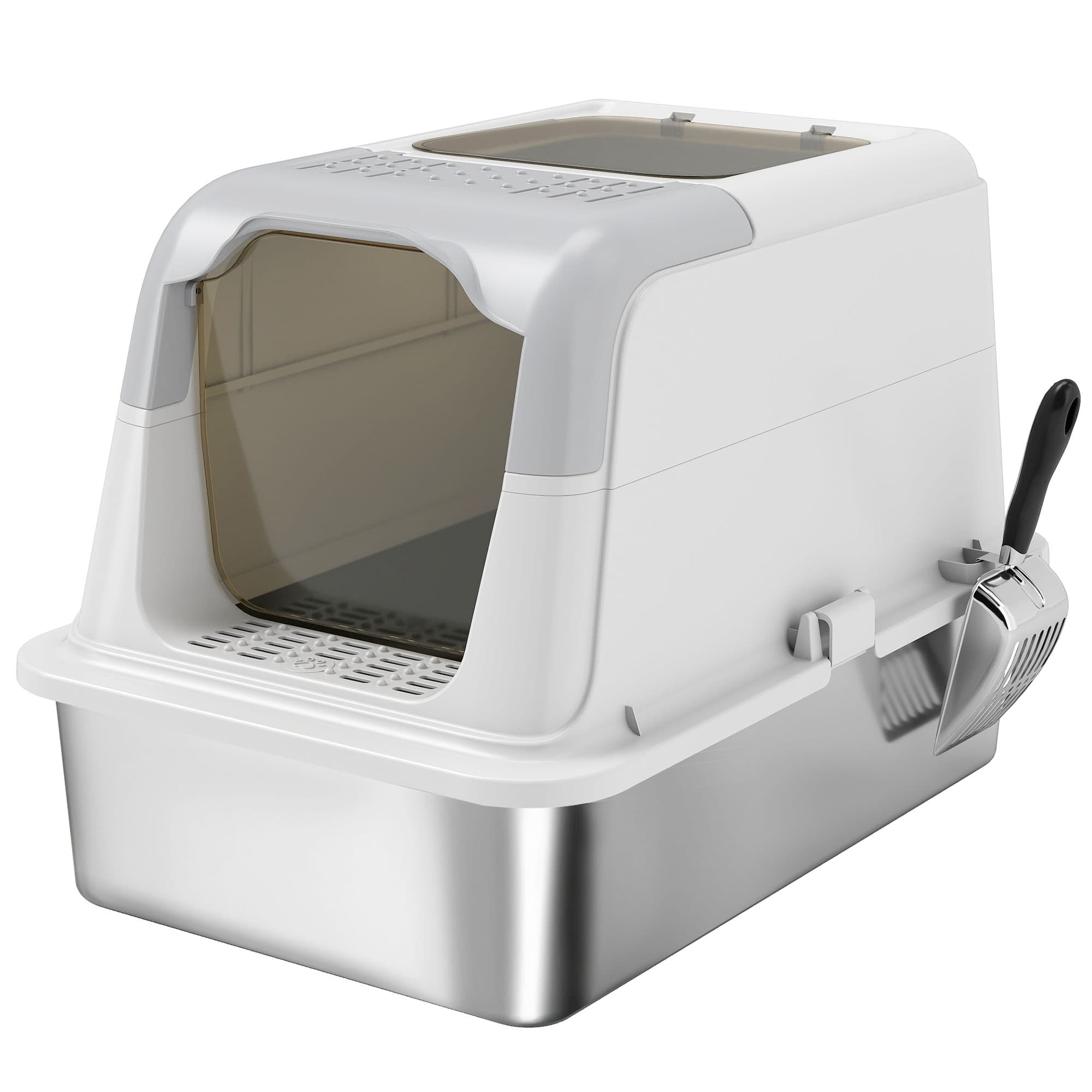 PawHut Maison de toilette pour chat bac à litière fermé bac acier inoxydable, nettoyage facile, 60,4 x 40,4 x 41,8 cm, blanc