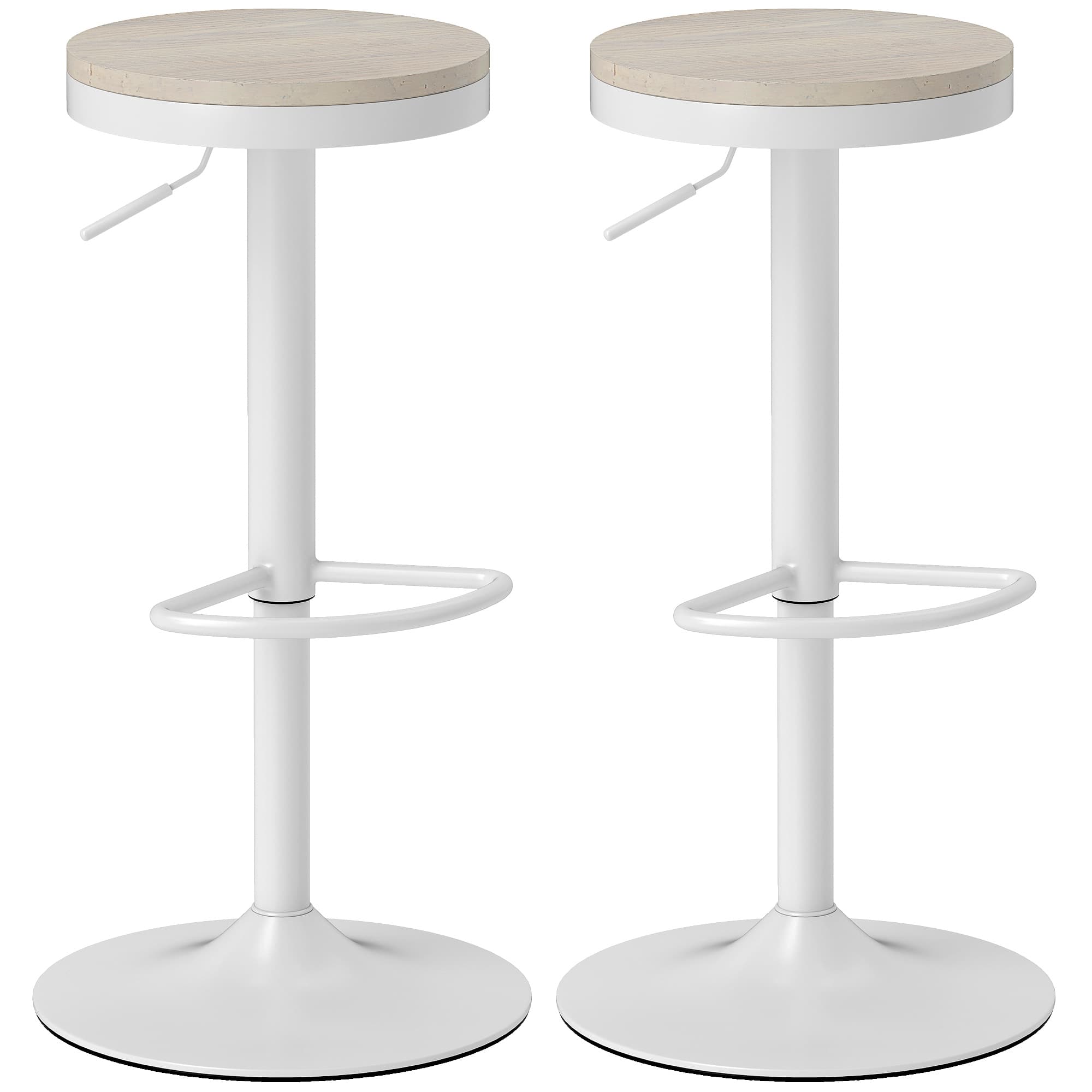 HOMCOM Lot de 2 tabourets de bar, chaises de bar pivotantes avec assise en hévéa, hauteur réglable et repose-pieds, blanc