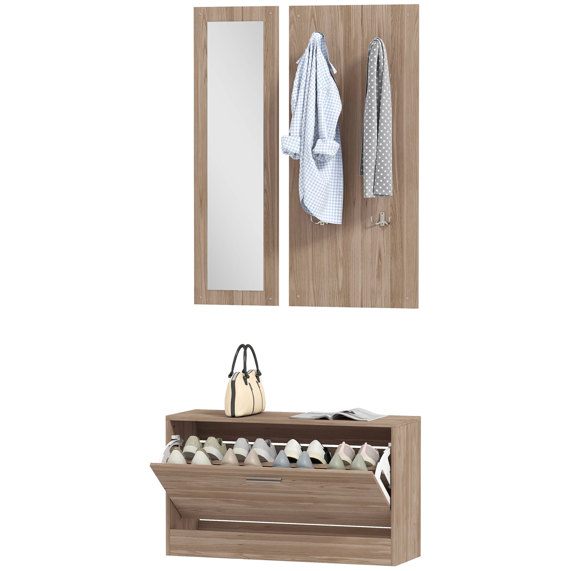 HOMCOM Set d'Entrée avec Banc à Chaussures, Portemanteau Mural et Miroir, 80x27x46,5 cm, Marron Foncé