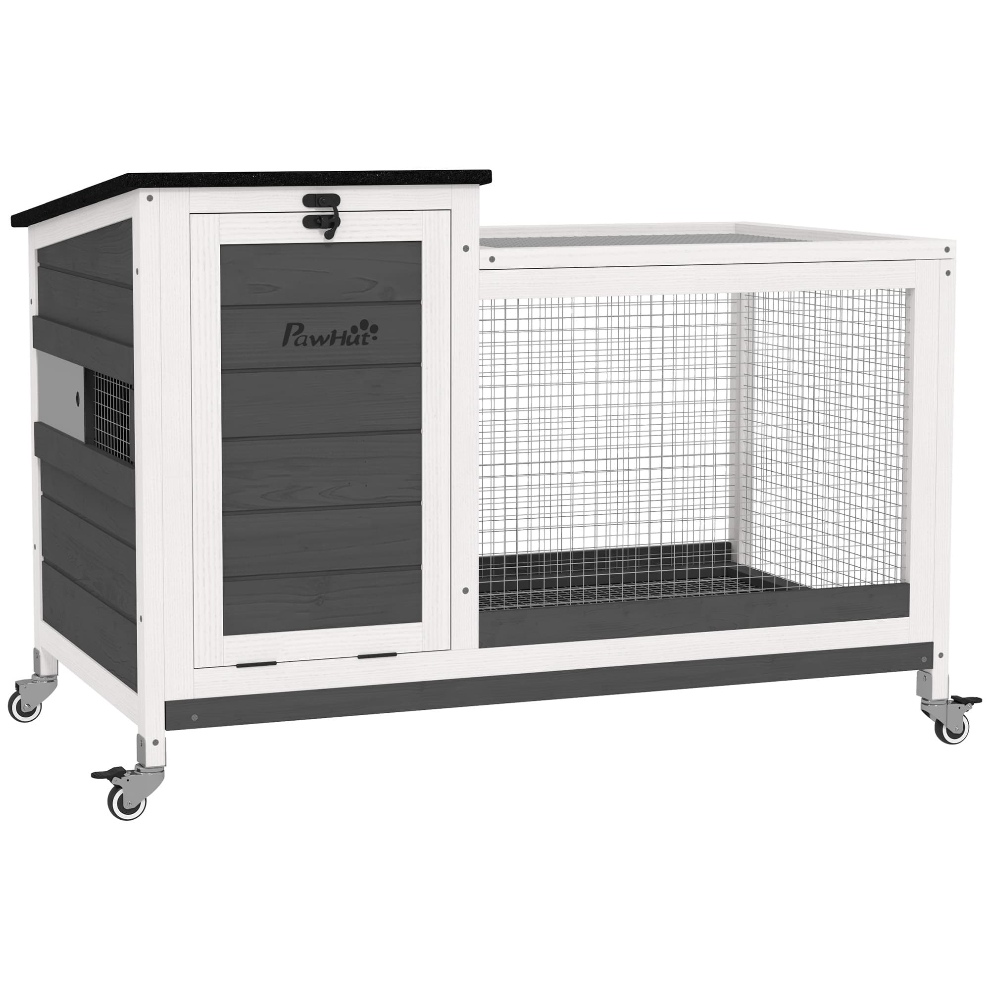 PawHut Clapier en bois avec enclos à roulettes Toit rabattable pour l'intérieur, extérieur 92 x 52 x 67 cm Gris foncé