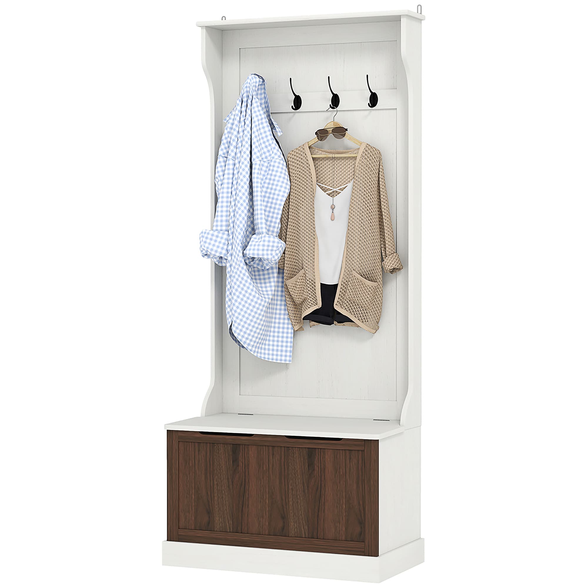 HOMCOM Portemanteau 3 en 1 avec 4 Crochets et Banc de Rangement, en Bois, 71,5x39,5x170 cm, Blanc