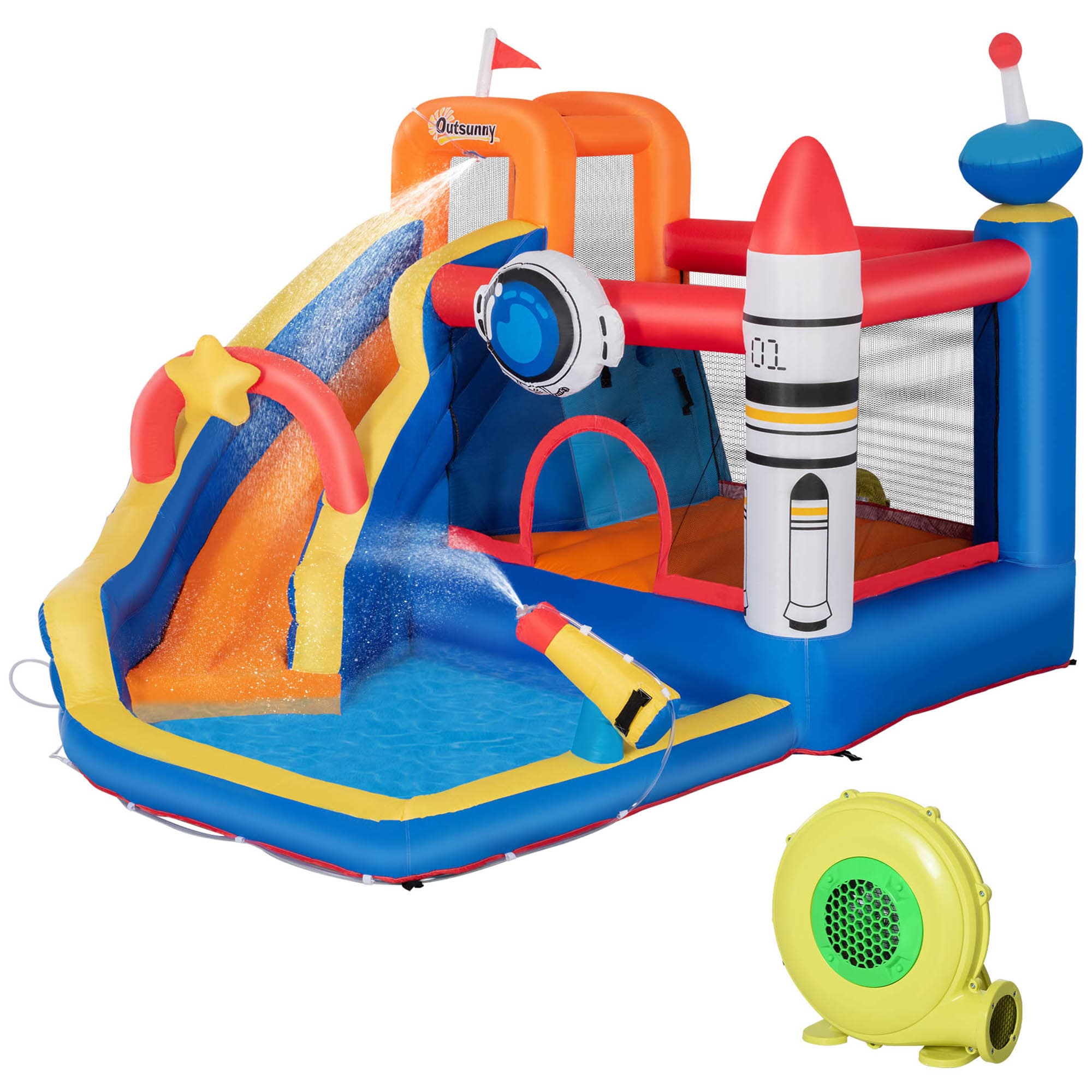 Outsunny Jeu Gonflable pour Enfants 3-8 Ans à thème Spatial avec Sac, 11 Piquets et Rustines Inclus, 340x270x227 cm