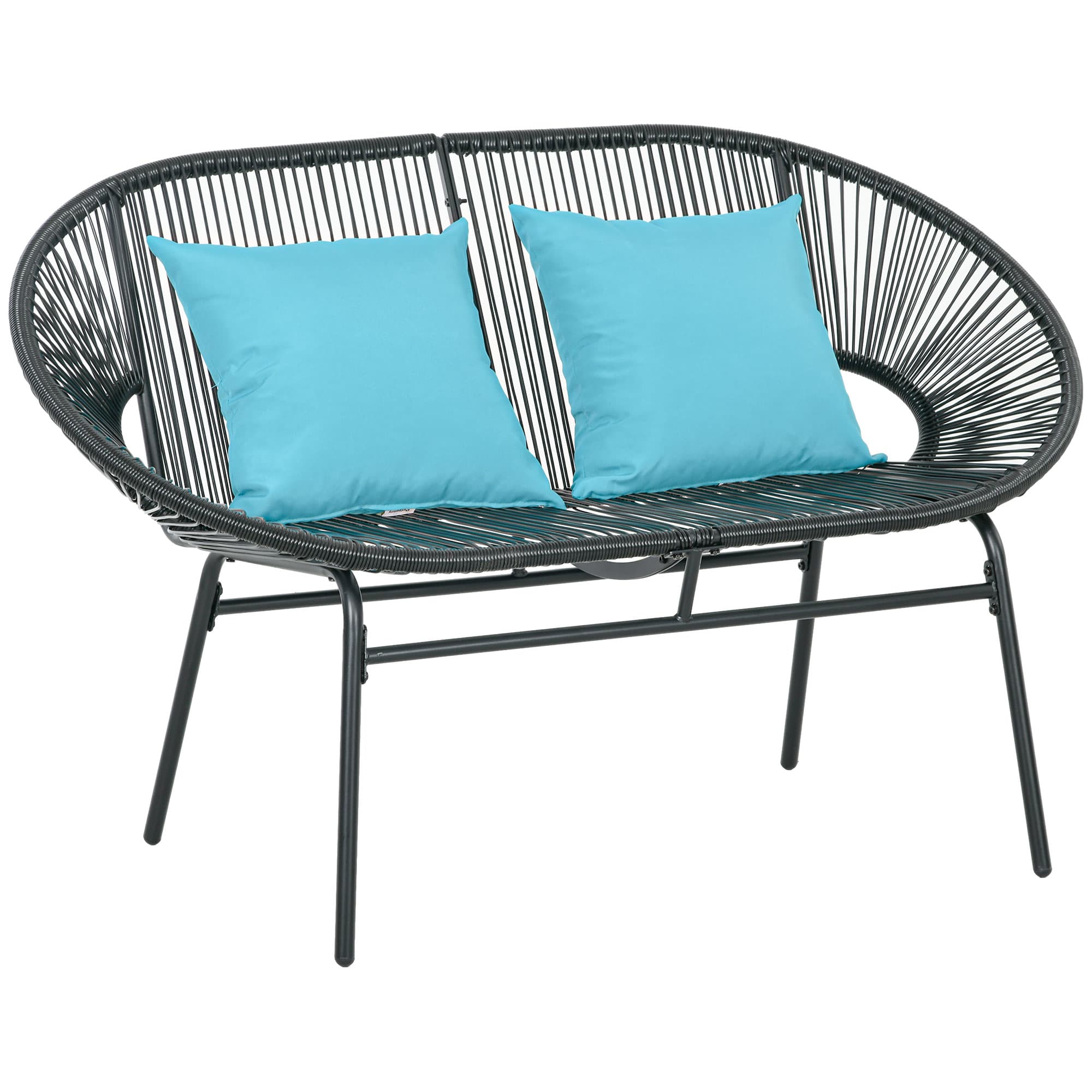 Outsunny Banquette banc de jardin 2 places en métal et cordage en résine avec 2 coussins - dim. 132L x 72l x 83H cm - noir