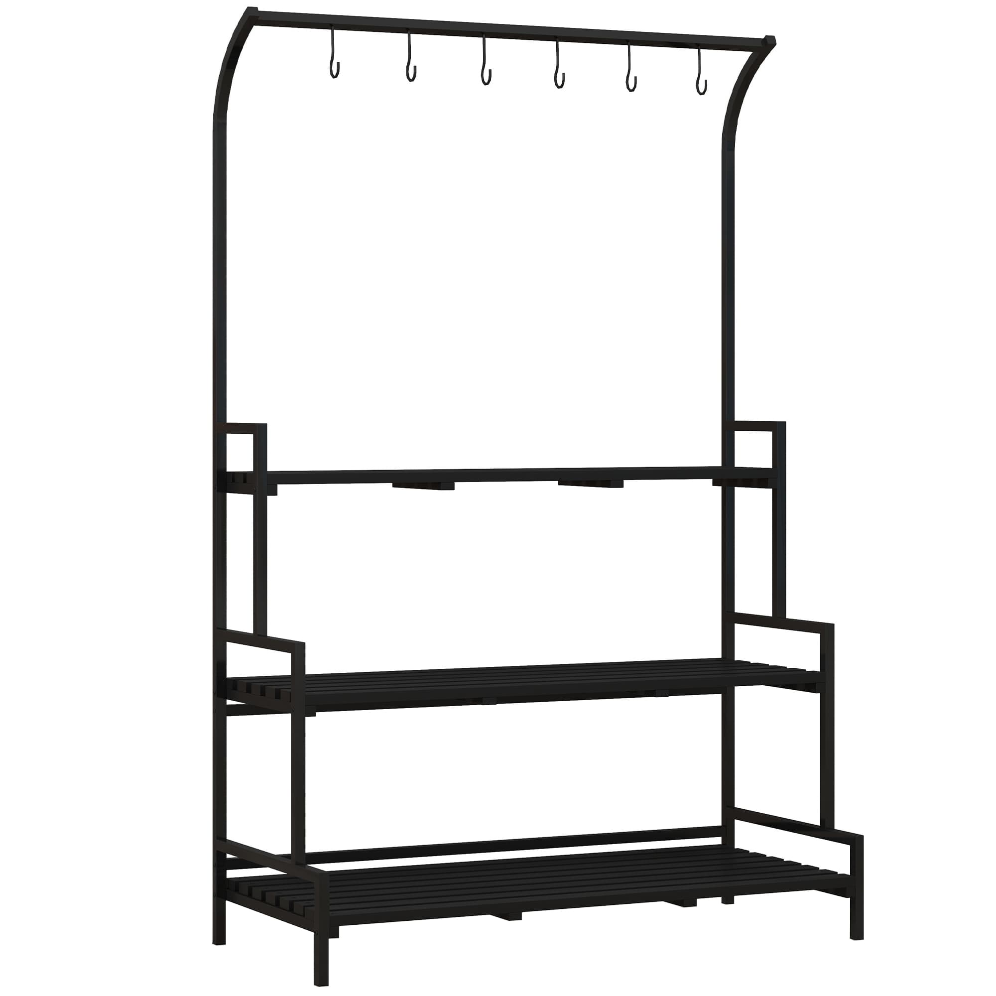 Outsunny Support de Plantes à Fleurs, 3 Étages, 6 Crochets, Intérieur & Extérieur, Cadre en Métal, 170H x 110L x 50l cm, Noir