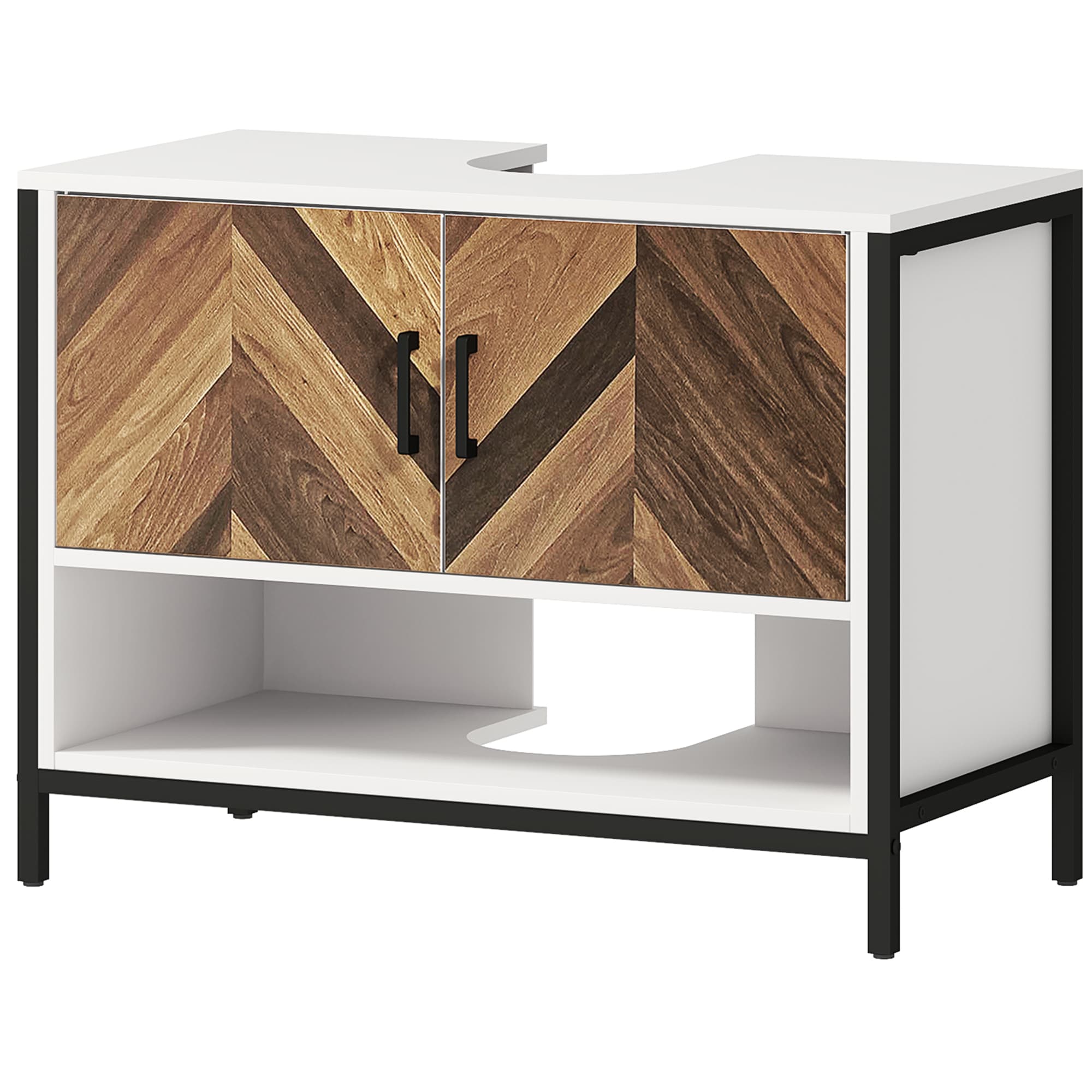 HOMCOM Meuble sous Lavabo avec 2 Portes et Compartiment Ouvert pour Lavabo avec ou sans Piédestal 80x40x60 cm Crème et Noyer