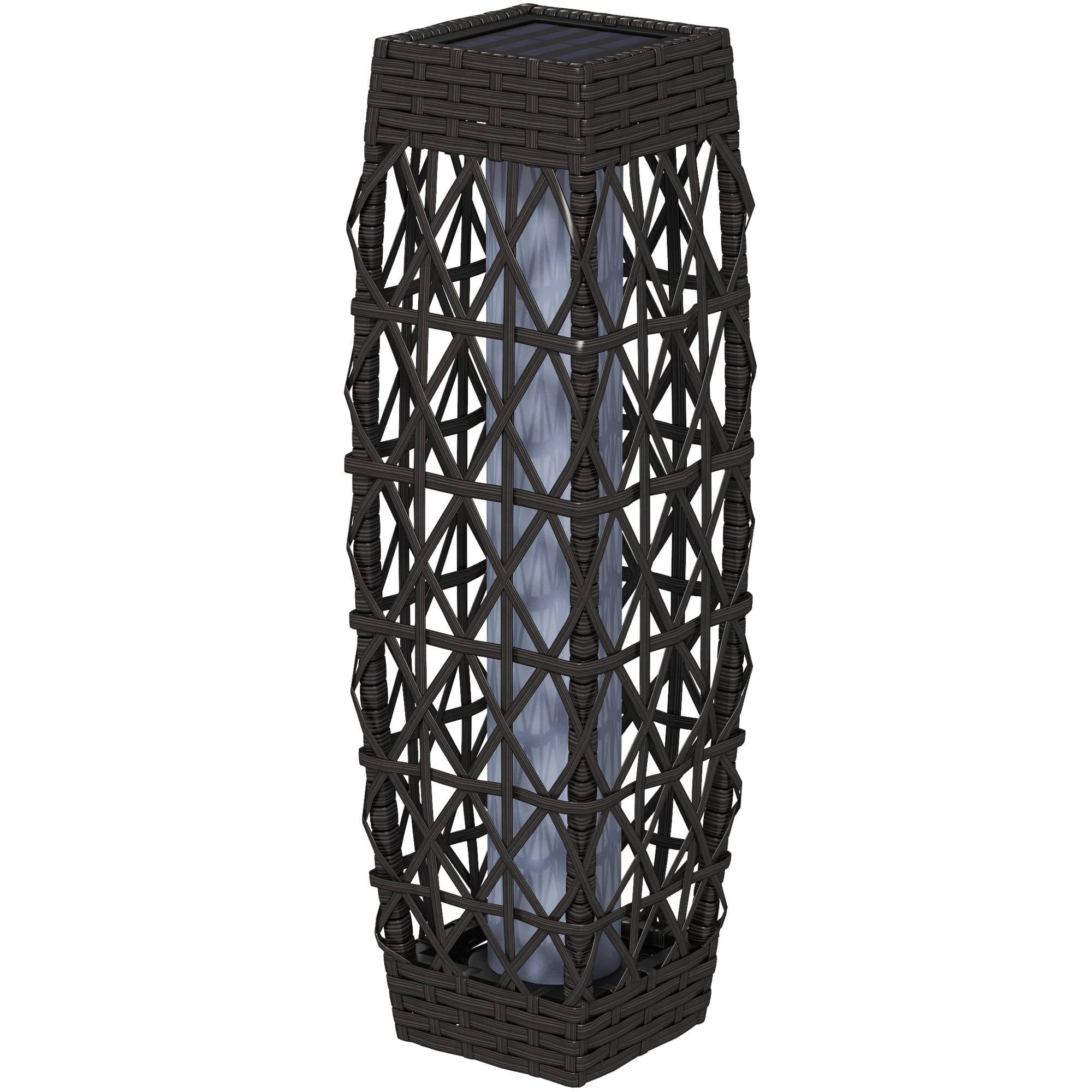 Outsunny Lampe Extérieure en Rotin, Lampe de Jardin Solaire, Détecteur de Lumière Automatique, LED, résistante aux intempéries, Cadre en métal, 20 x 20 x 68cm, Gris