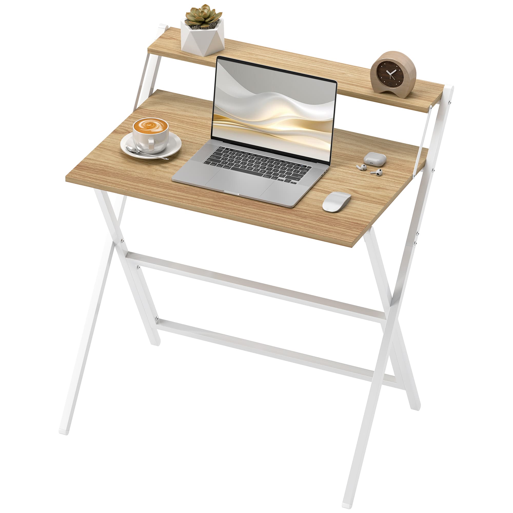HOMCOM Bureau Pliable avec Étagère pour Moniteur, 81,5x62x86,5 cm, Bois et Blanc