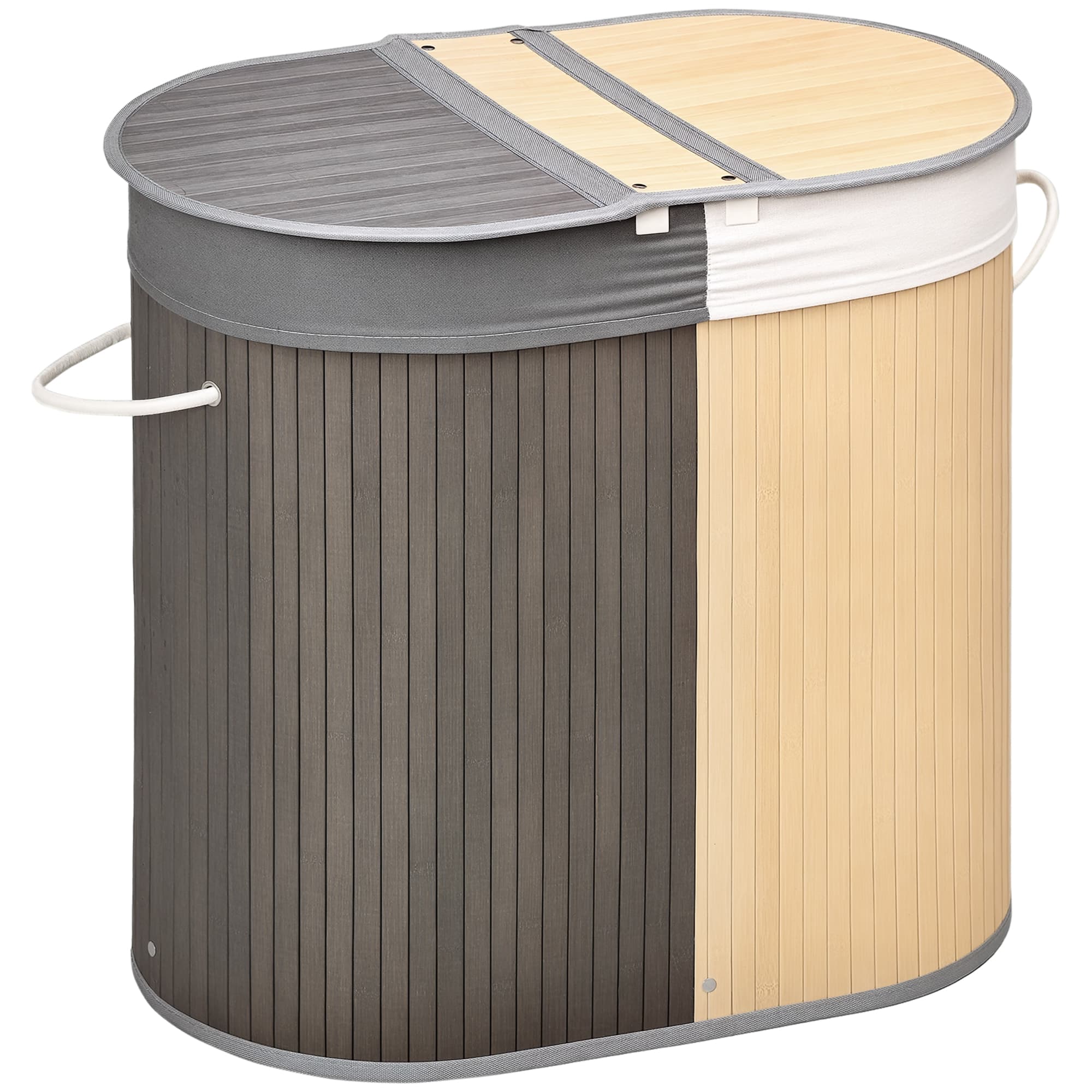 HOMCOM Panier à Linge Bambou 100L 2 Compartiments Couvercle Sac Amovible Gris 62,5x37x60,5cm Aosom France