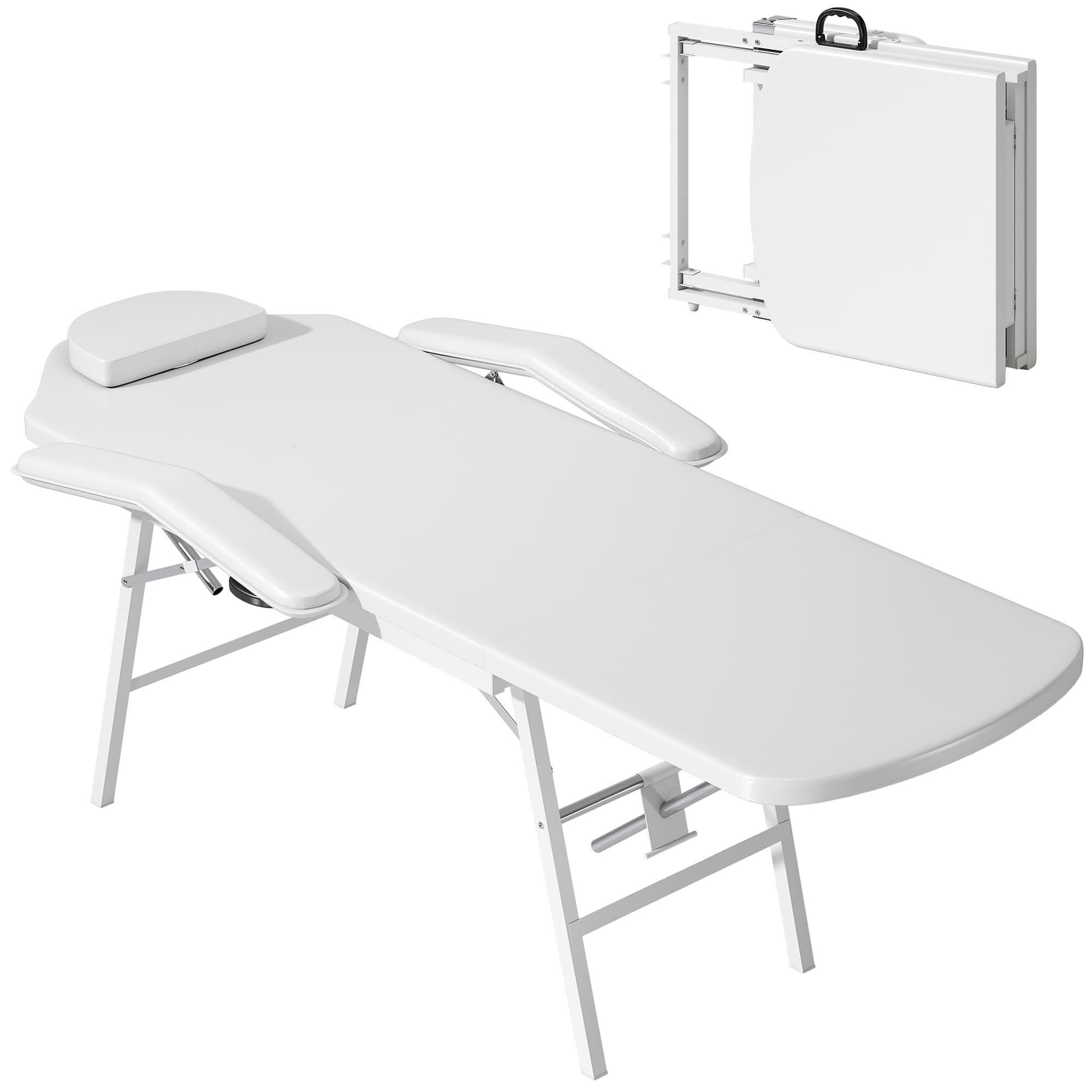HOMCOM Table de massage portable, Table de massage pliable avec revêtement en similicuir, rembourrage en mousse, cadre en acier, Blanc