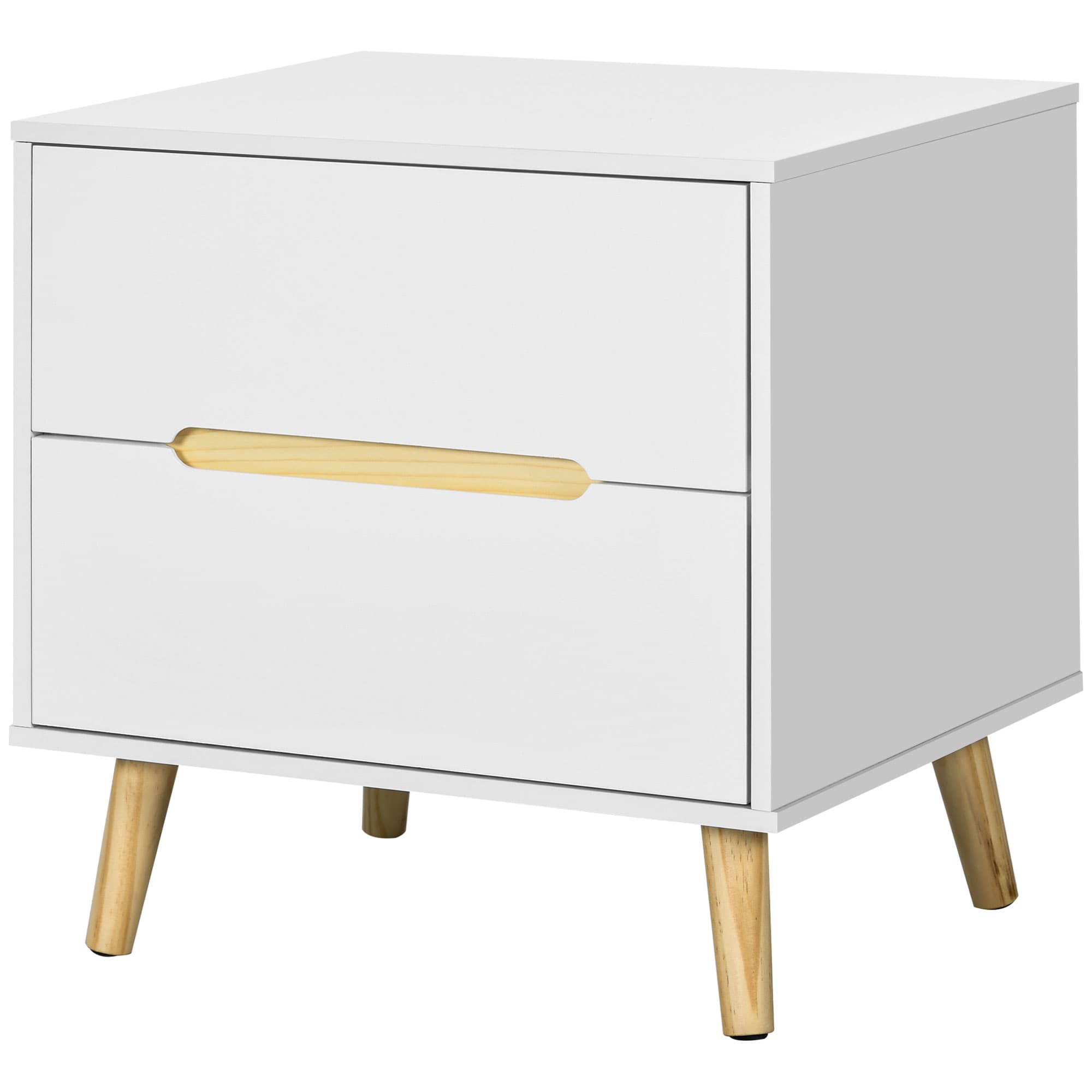 HOMCOM Table de Chevet Moderne avec 2 Tiroirs en Panneau de Particules et Pieds en Bois de Pin, 50Lx40Px50.5H cm, Blanc