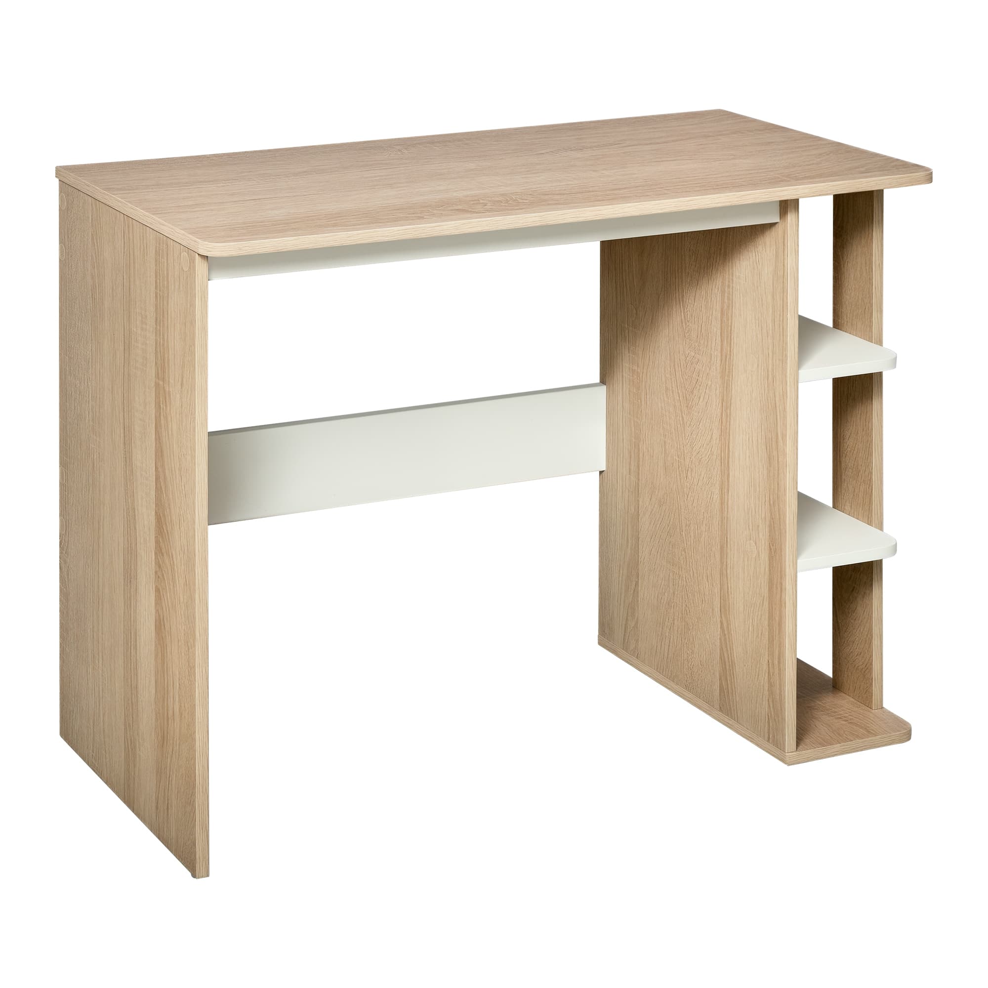 HOMCOM Bureau informatique multimédia 3 étagères Style simple et moderne 100L x 44l x 74H cm imitation chêne clair avec veinage, blanc Aosom France