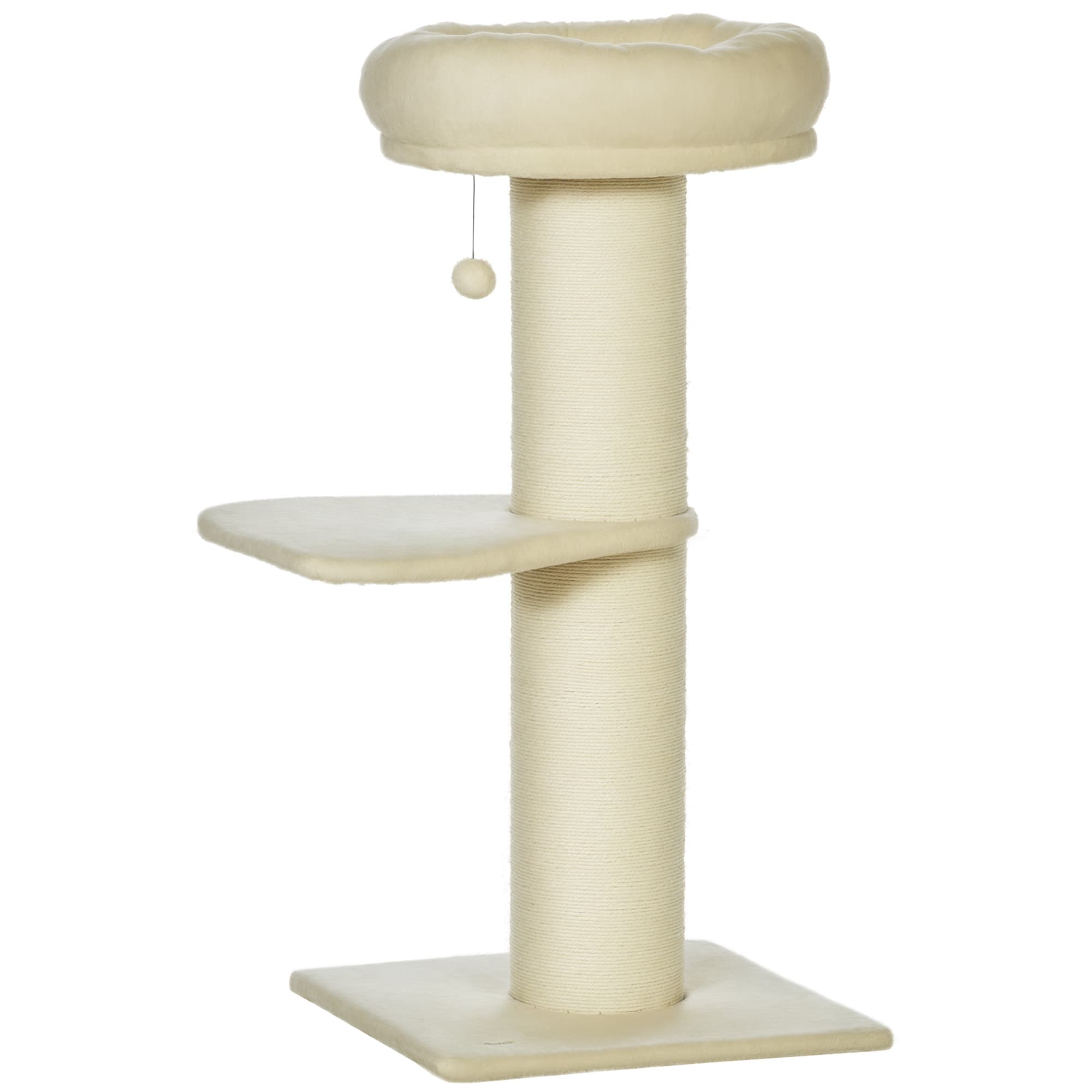 PawHut Design Arbre à chat Beige Griffoir Sisal avec Lit, Plateforme & Pompon en Peluche - Idéal pour Détente et Jeu Aosom France