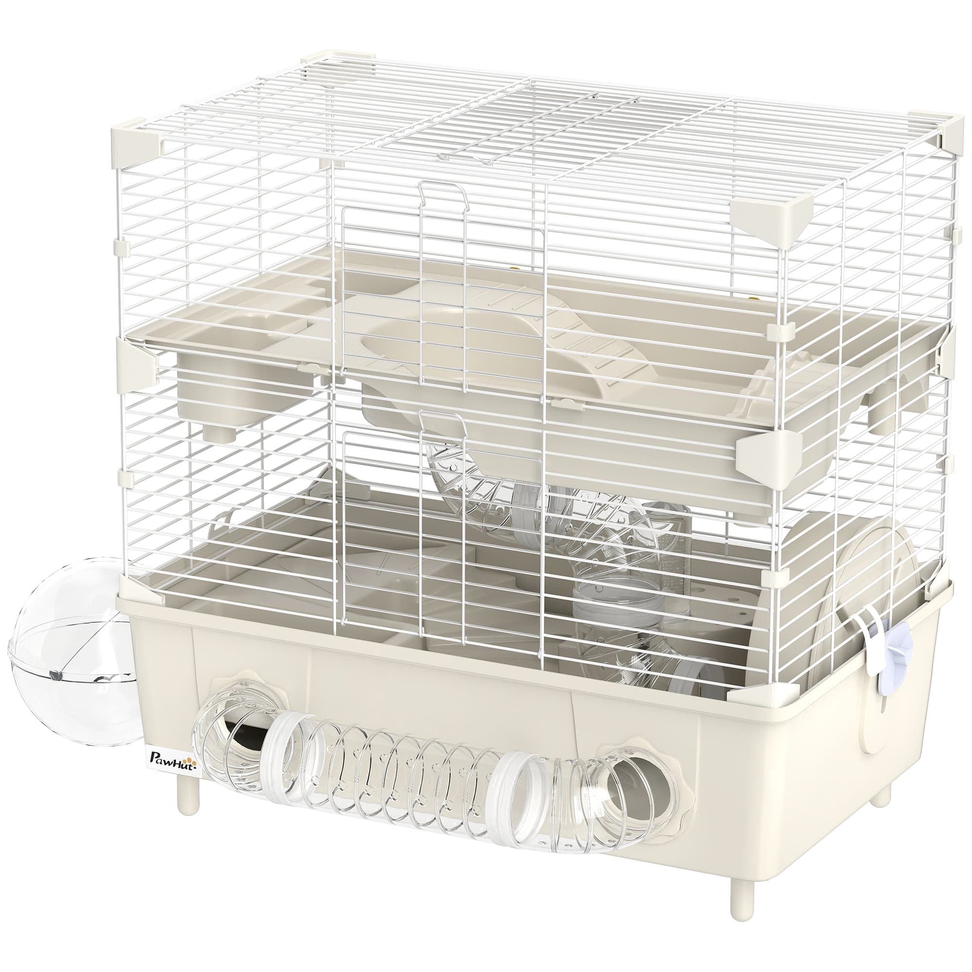 PawHut Cage à Hamster à 2 Niveaux et 3 Portes avec Roue et Tubes, en Acier, PS et PP, 44,5x28x44 cm, Crème et Blanc