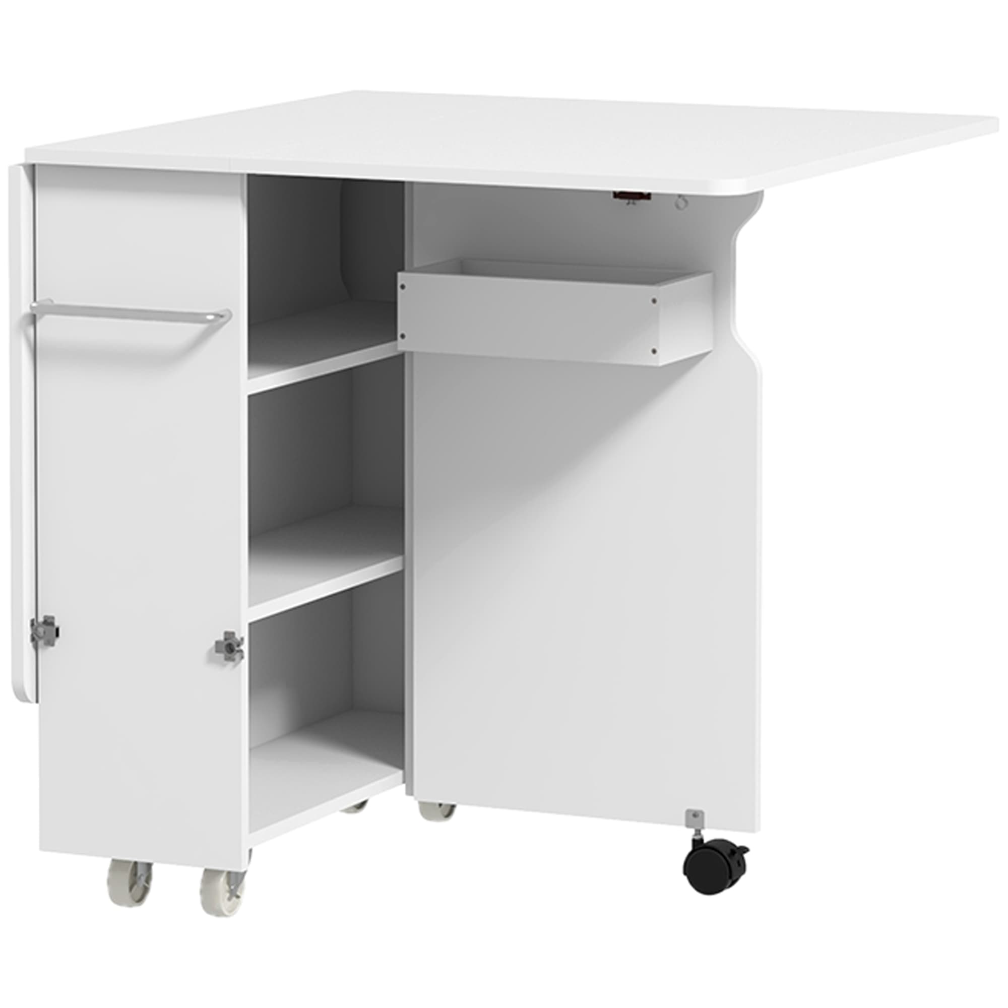 HOMCOM Table à Rabat Pliante avec Étagères à 3 Niveaux, Boîte et Roulettes, en MDF, 130x80x76.5 cm, Blanc