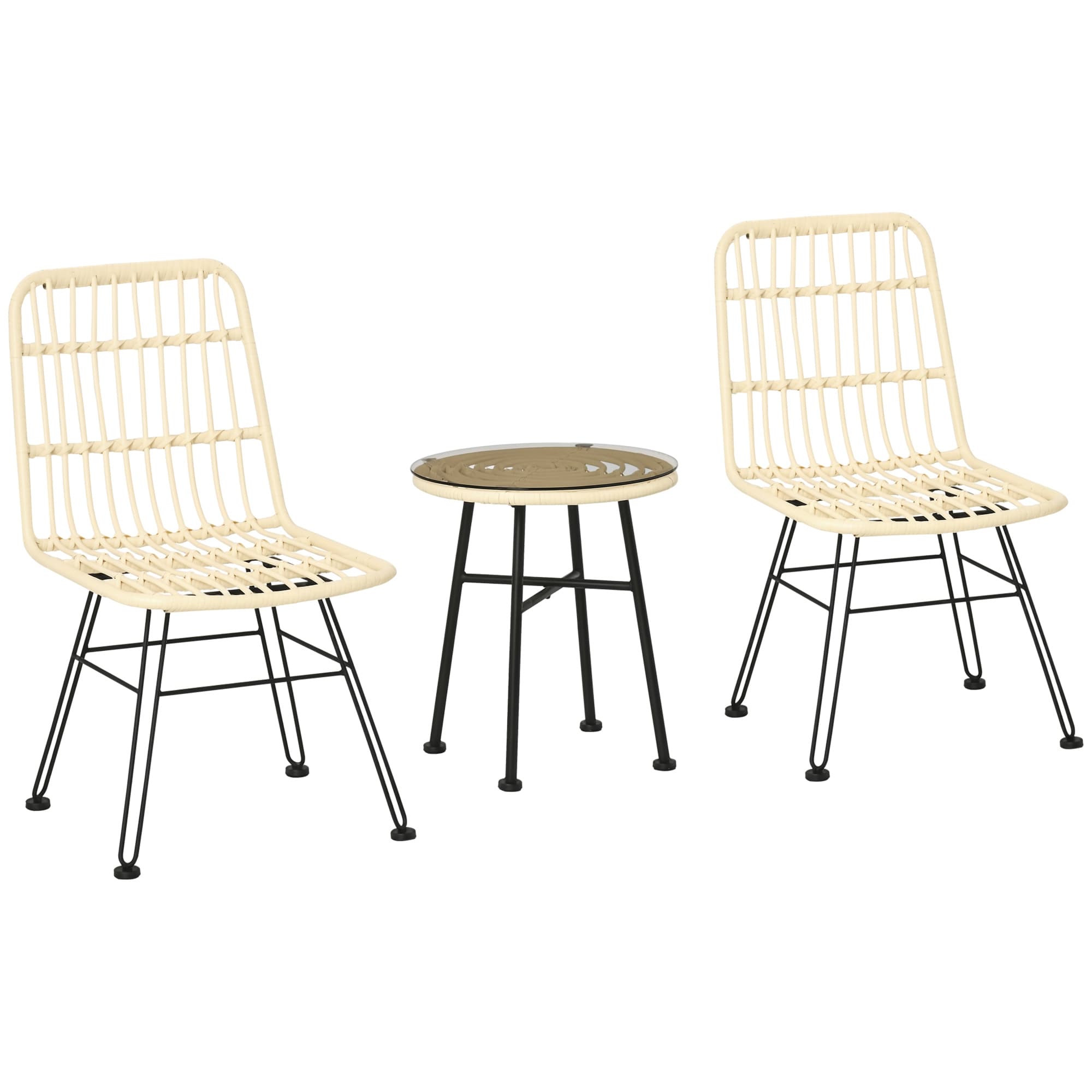 Outsunny Ensemble bistro de jardin 3 pièces 2 chaises 2 coussins zippés déhoussables polyester résine tressée PE métal galvanisé Ø 45 x 50 cm crème