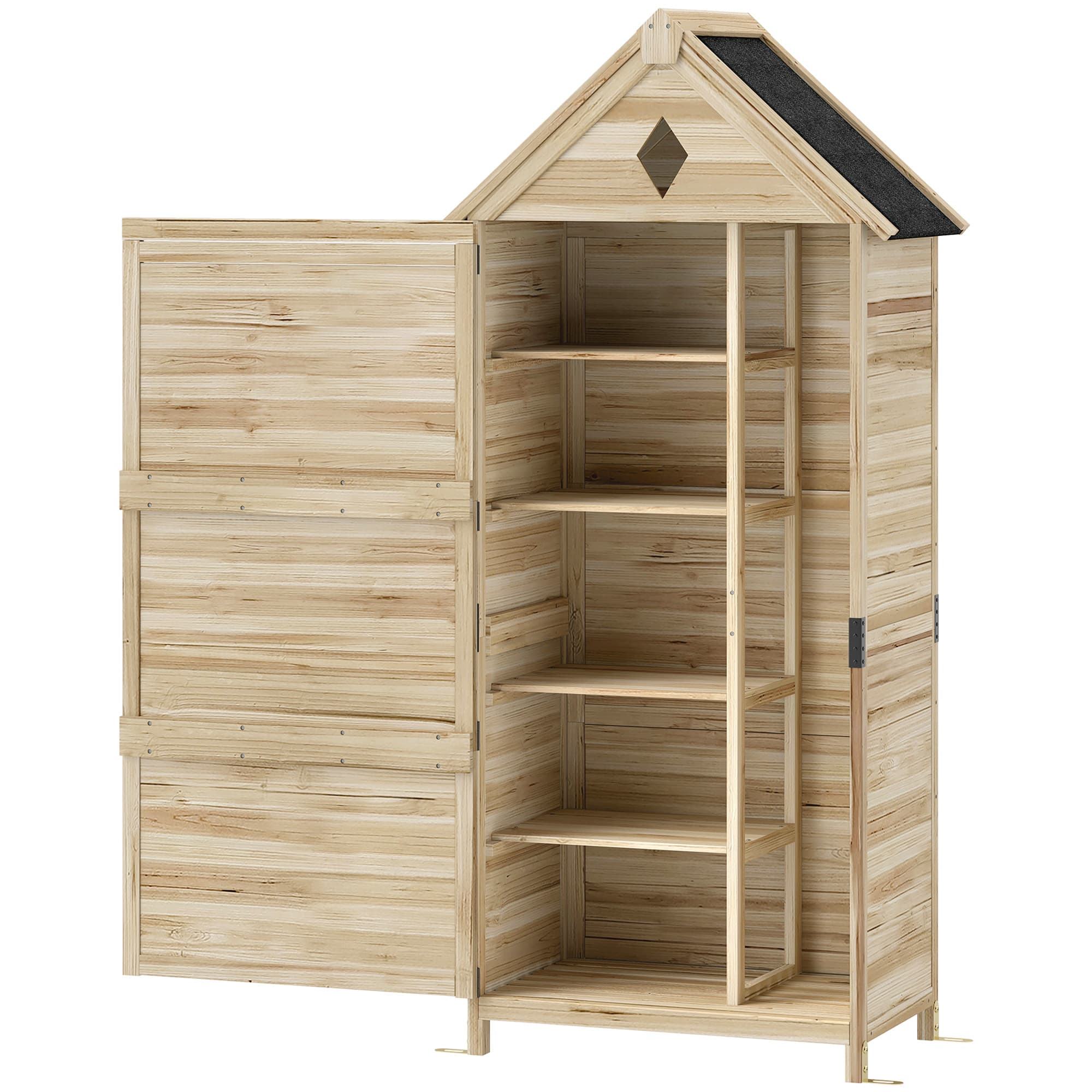 Outsunny Cabane de Jardin avec 4 Étagères, Cabanon de Rangement en Bois, Toit en Asphalte Imperméable, 80 x 49 x 170 cm, Marron Clair