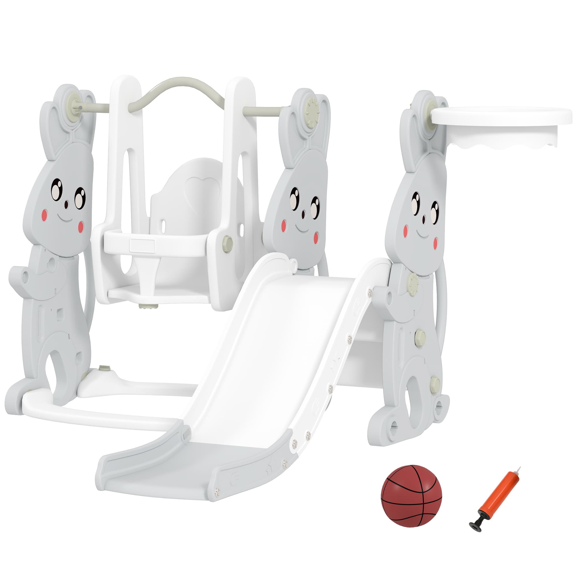 AIYAPLAY Ensemble de jeu 4 en 1 pour tout-petits, toboggan, balançoire, structure d'escalade, panier de basket, plastique, design de lapin, Gris