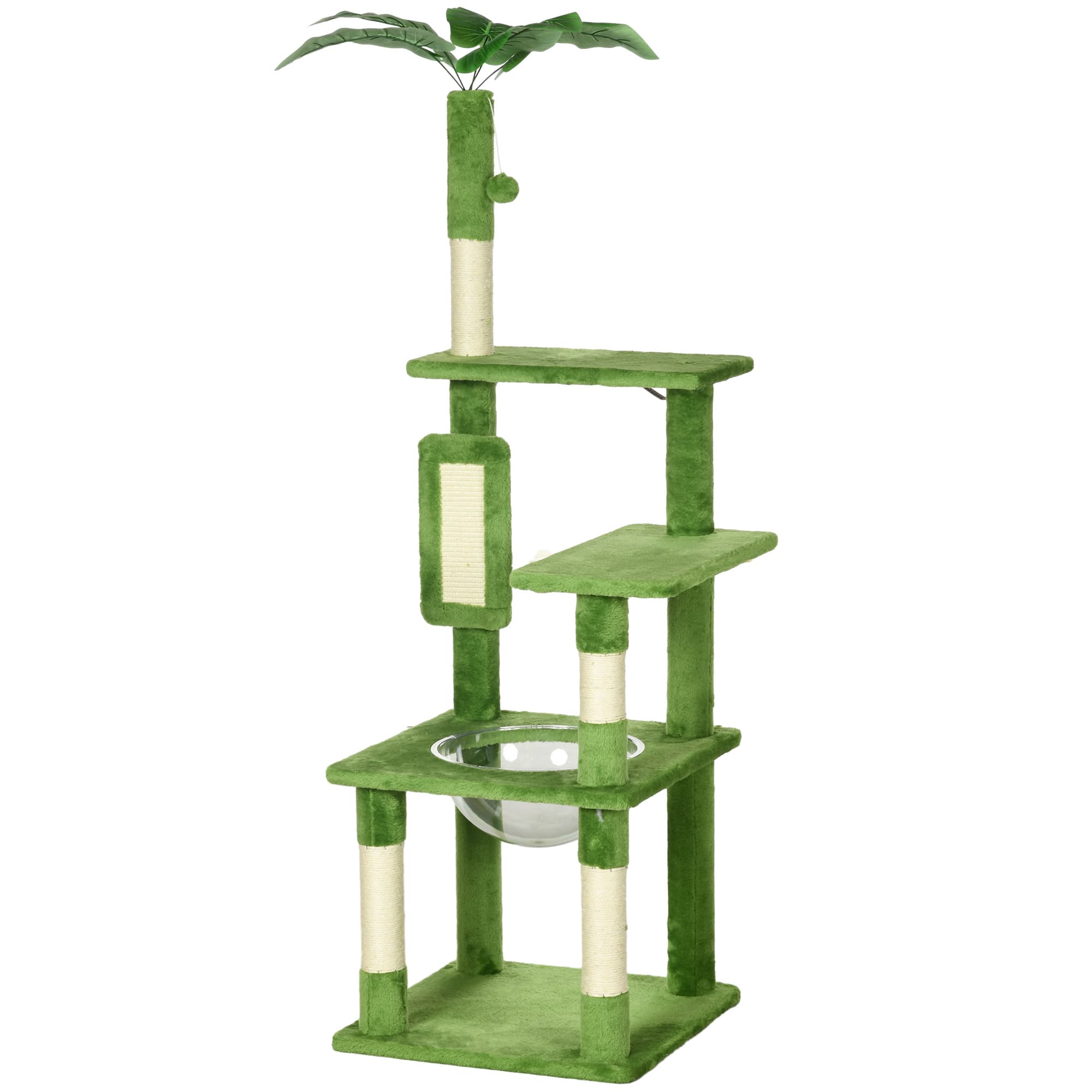 PawHut Arbre à Chats Multi-Niveaux avec Hamac, Griffoir, Balle et Feuilles Décoratives, 49x49x142 cm, Vert