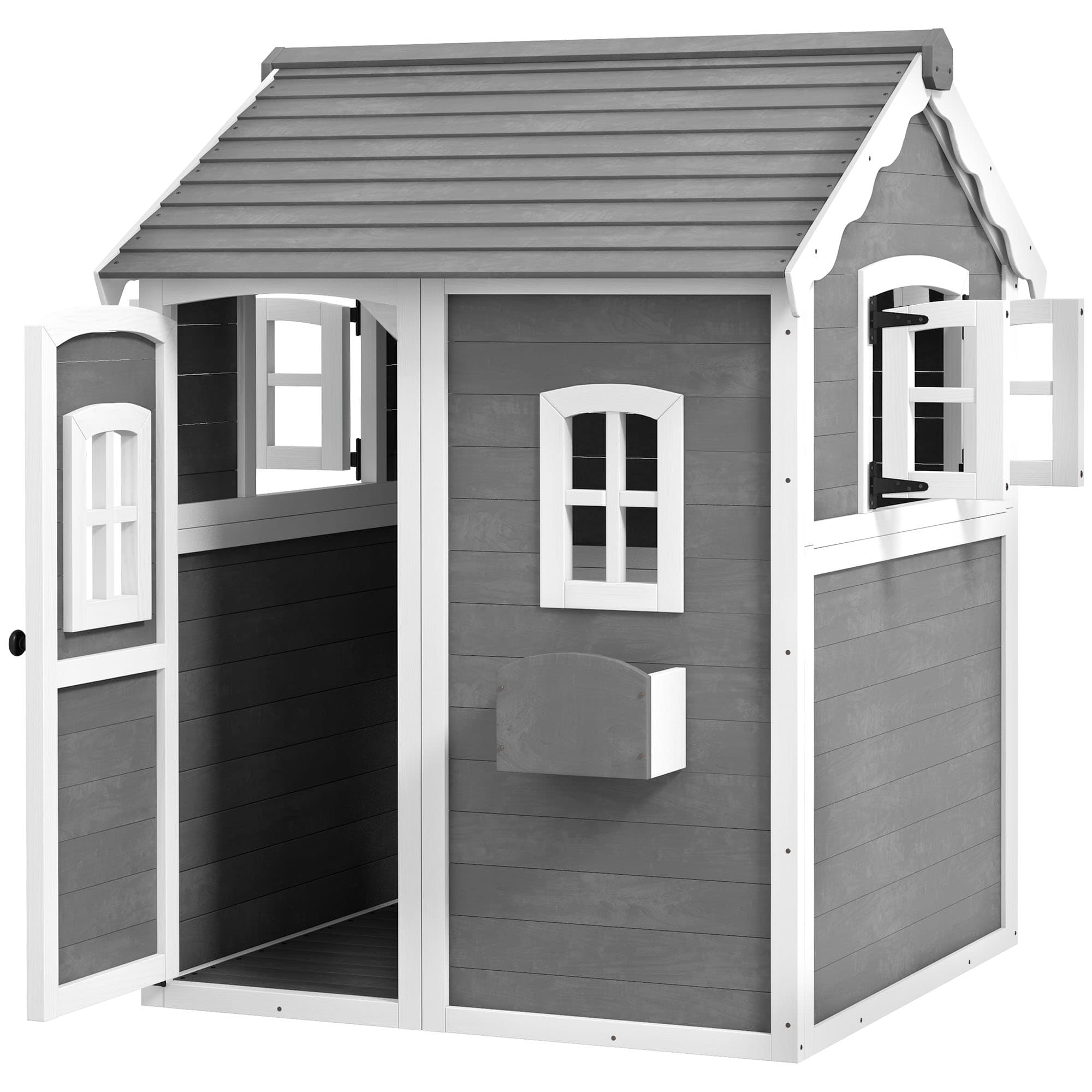 Outsunny Maison de jeu pour Enfants, Maison Intérieure et Extérieure avec Porte, Fenêtres et Bac à Plantes, Bois de Pin, Gris