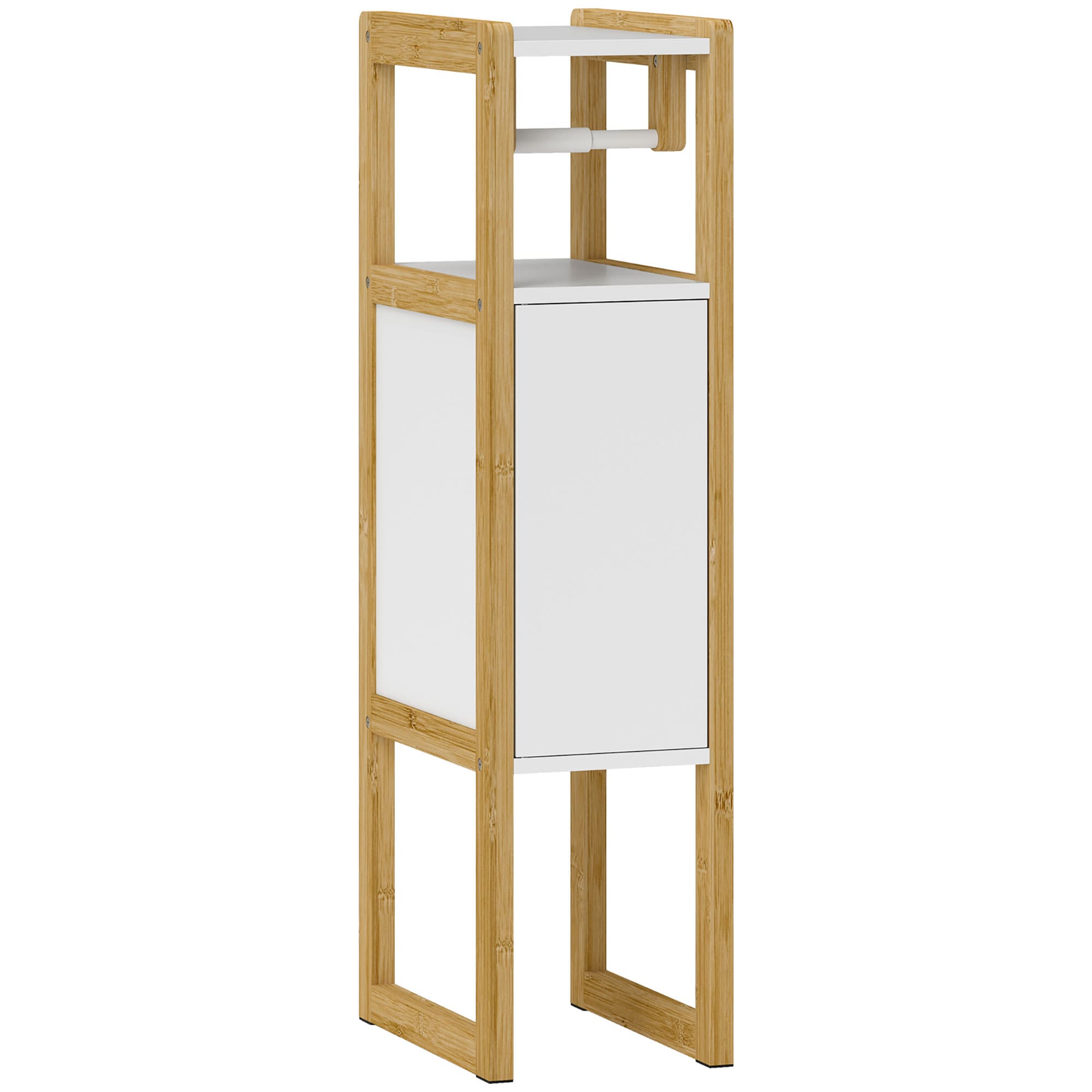 HOMCOM Meuble de Salle de Bain Gain de Place avec Porte-Papier Toilette, Placard et Étagère en Bambou, 20x33x80cm, Blanc